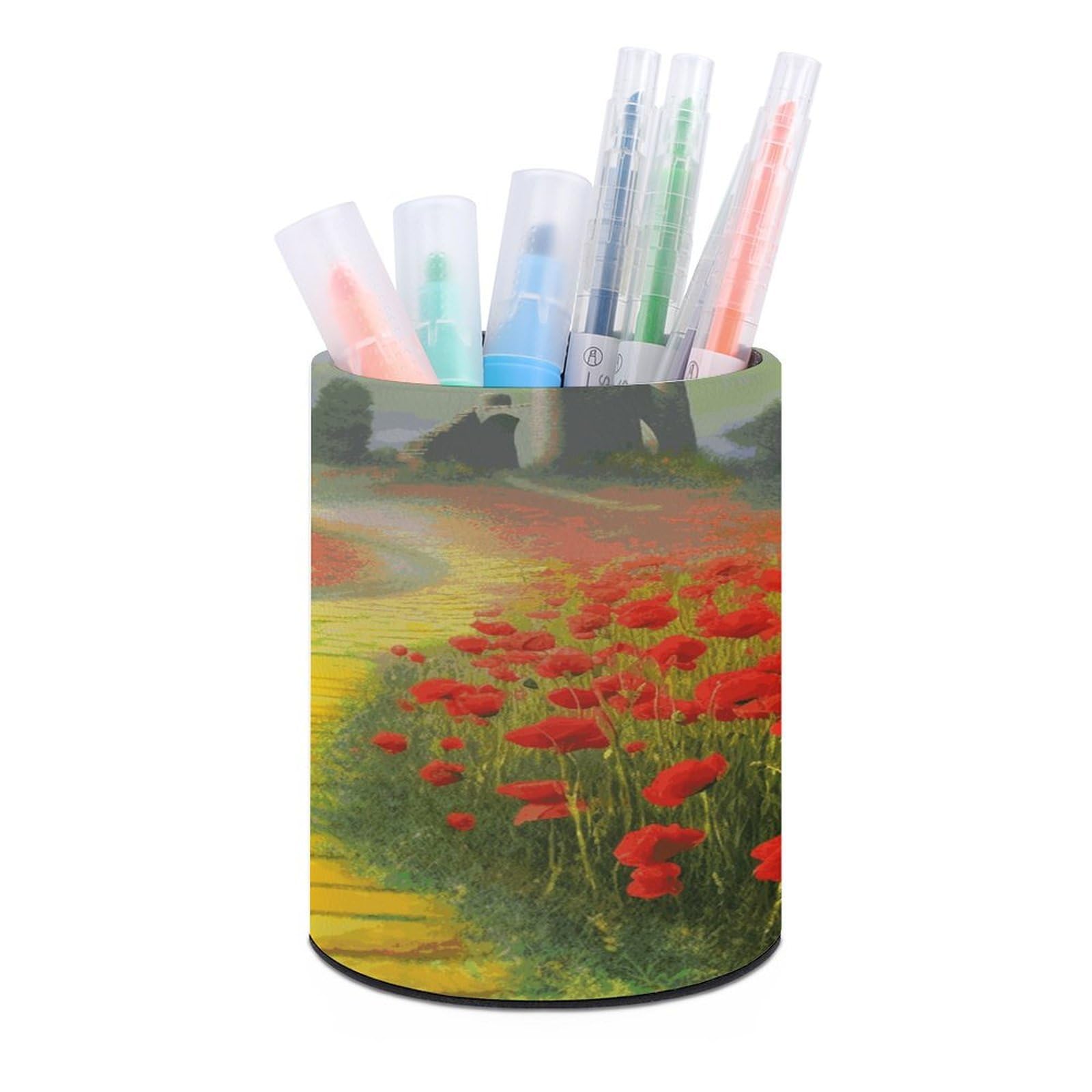 FekiLoot Round Leather Pen Holder - Multipurpose Desk Organizer, Modern Pencil Cup, Poppies Field Yellow Brick Road Pencil Holder, Unique Makeup Brush Holders for Office Home Supplies & Gifts