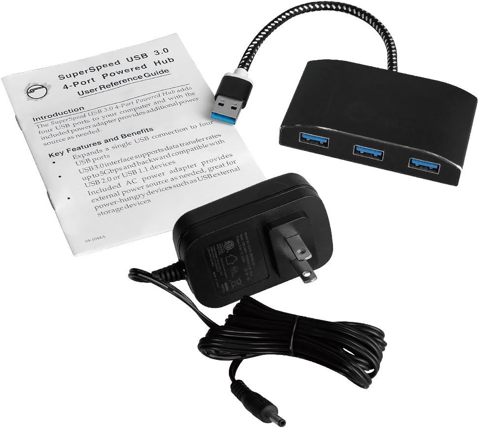 SIIG SuperSpeed 4 Port USB 3.0 Hub With 5V Power Adapter and Woven Braided USB - Powered Hub & Port Adapter