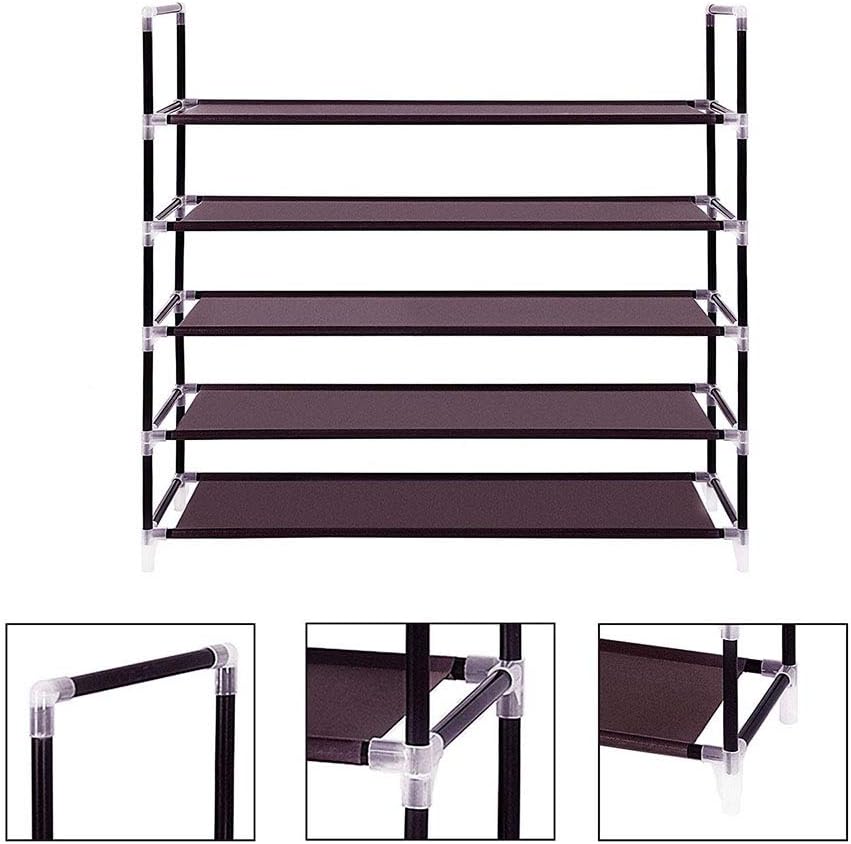 Shoe Rack Storage Organizer Stainless Steel Frame Shoe Cabinet Closet Combination Stackable Tower Shelf - 5 Tiers