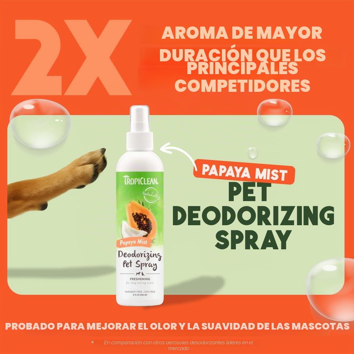 TropiClean Dog Spray Grooming Supplies - Spray antiodore e profumato per il pelo del cane - Abbatte gli odori e deodora cani e gatti - Senza parabeni - Utilizzato dai toelettatori - Papaya Mist, 236ml