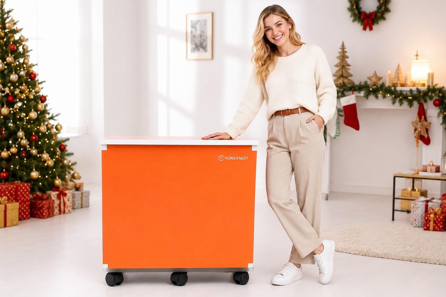 Inverter Battery Trolley with Wheels, Orange Finish, Heavy Duty Wooden Inverter Stand for Home, Durable Battery Storage Cabinet with Castor Wheels-image-32