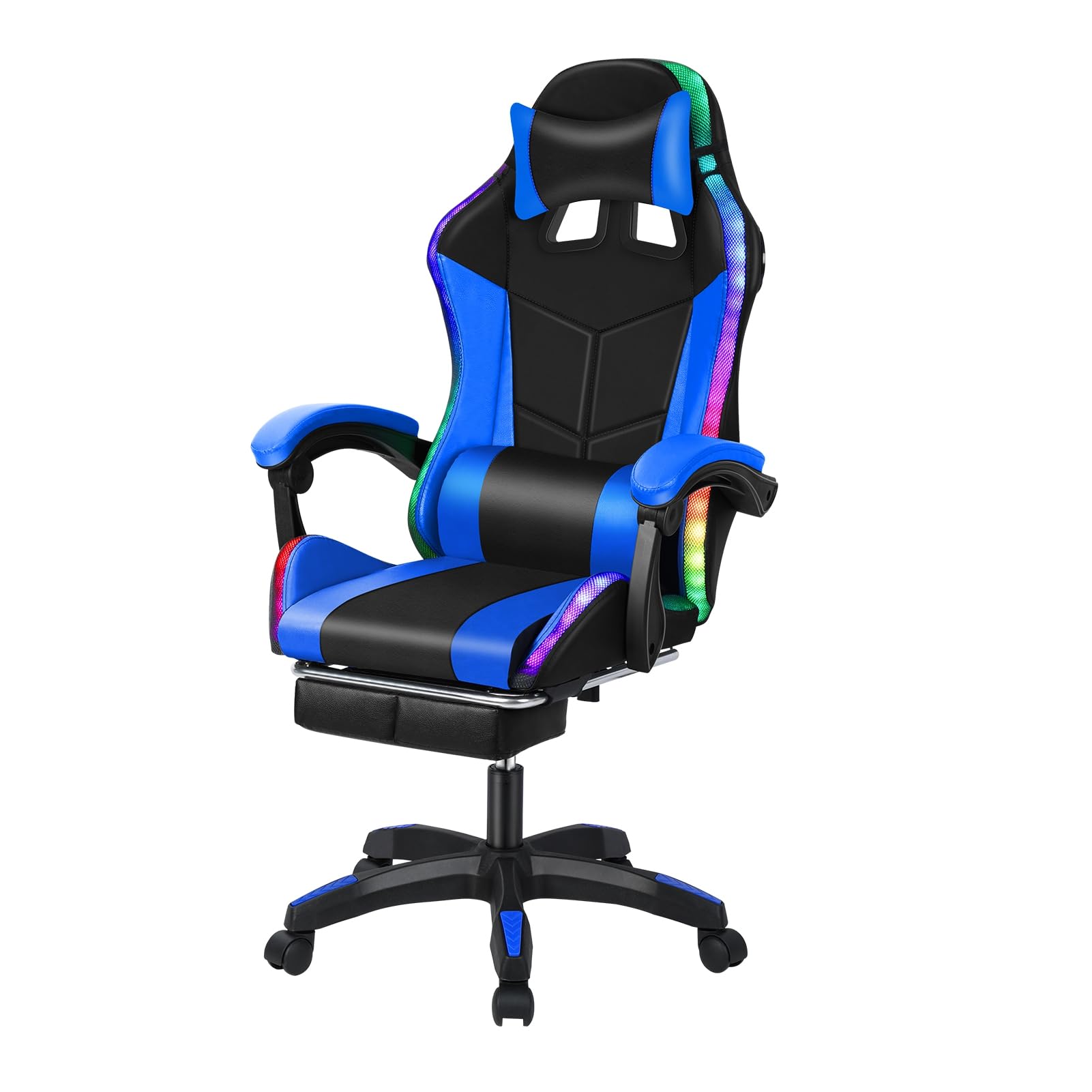 Gaming Chair, Computer Chair with Footrest and Lumbar Support, Height Adjustable Game Chair with 360° Swivel Seat and Headrest, High Back Office Chair with Bluetooth Speakers and LED Lights Blue