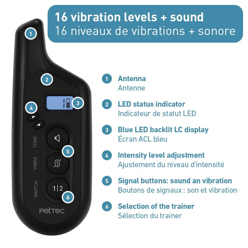 PetTec Collar de adiestramiento para Perros con vibración y señal acústica, Mando a Distancia de 300 m, batería Recargable y Resistente al Agua IPX7, 16 Niveles de Intensidad de vibración