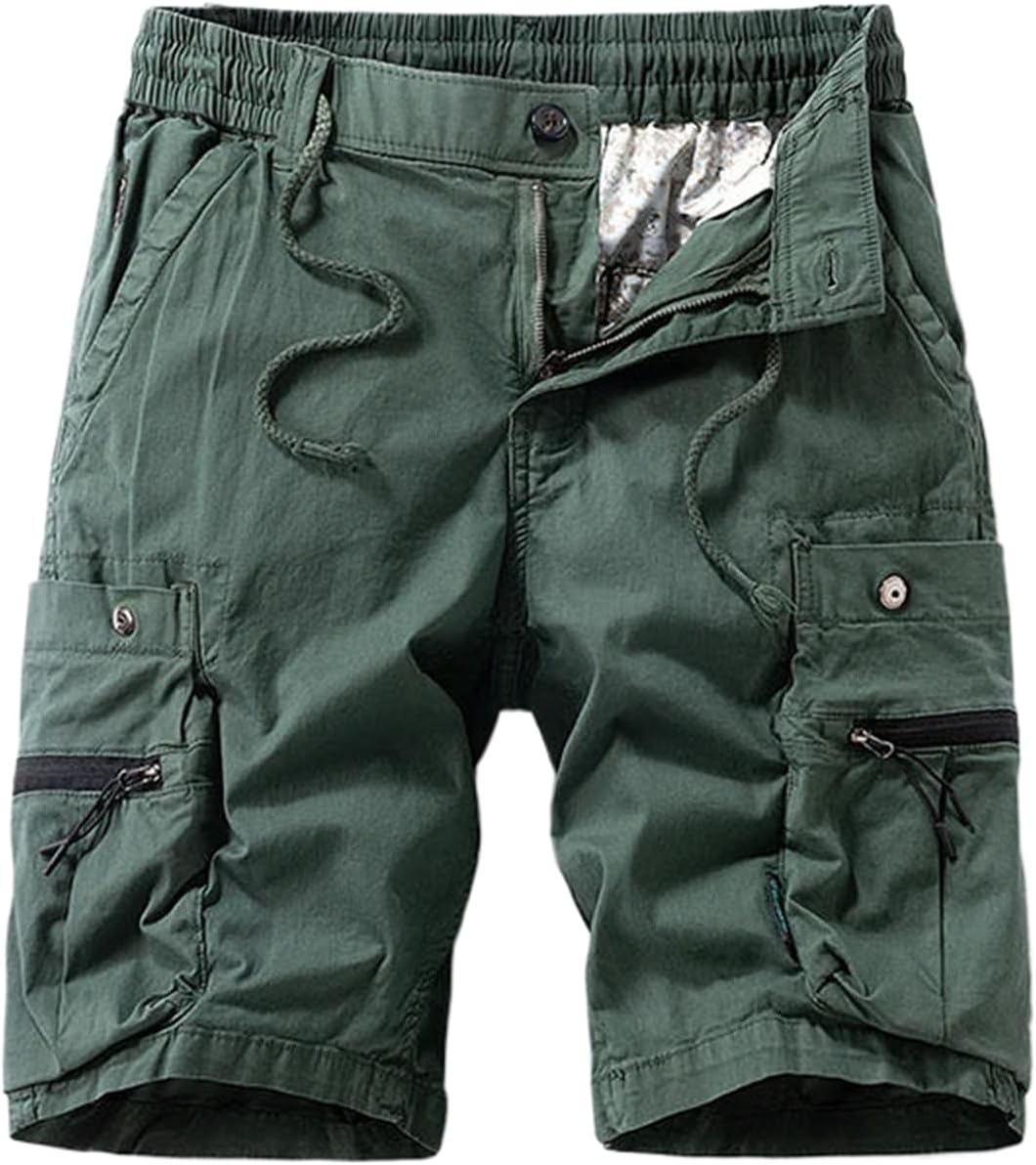 Men Summer Solid Color Cotton Cargo Straight Shorts Men Casual Elastic Waist Shorts Male