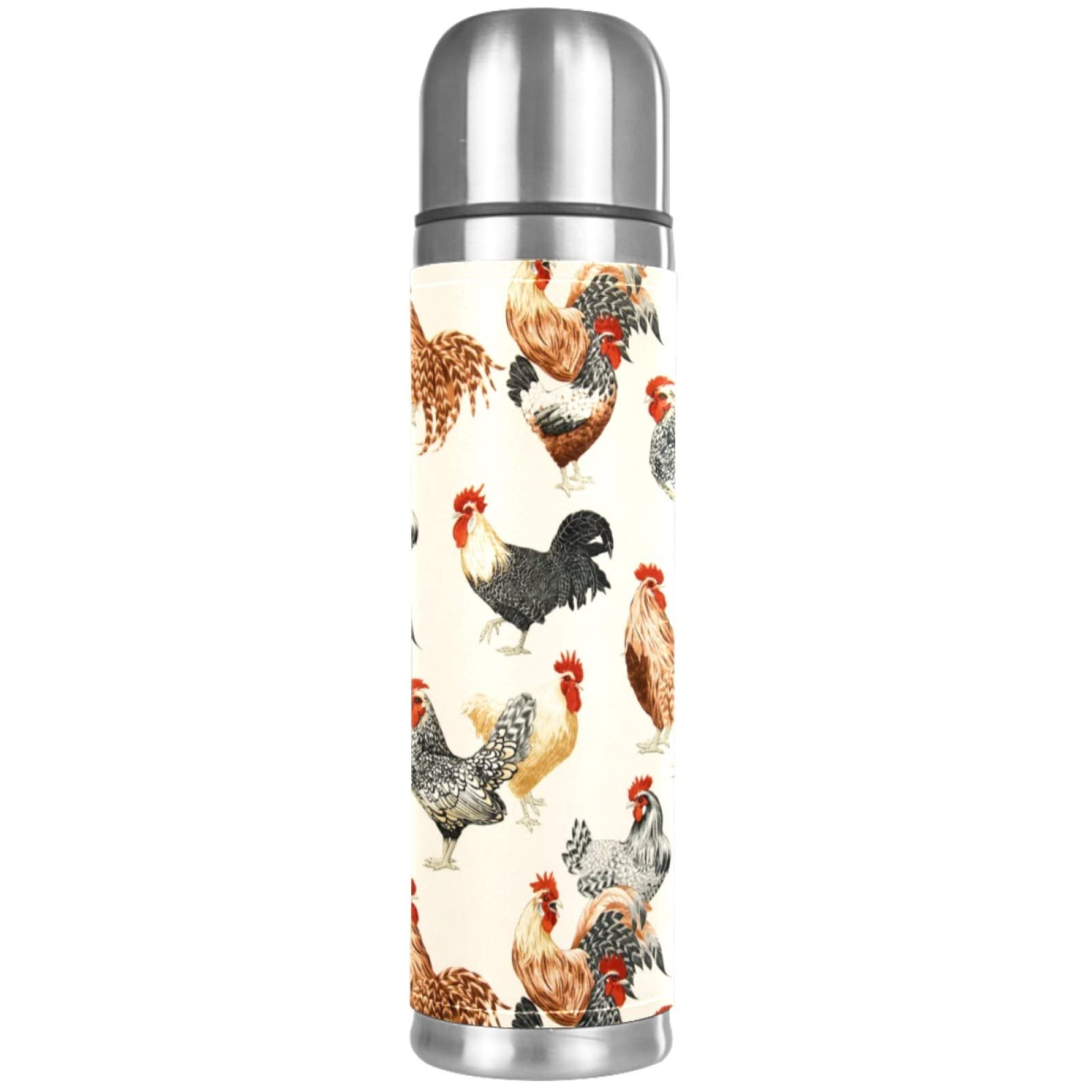 coosun Chicken Pattern Stainless Steel Flasks Water Bottle Vacuum Insulated Cup Leak Proof Double Vacuum Bottle, PU Leather Travel Thermal Mug,17 oz