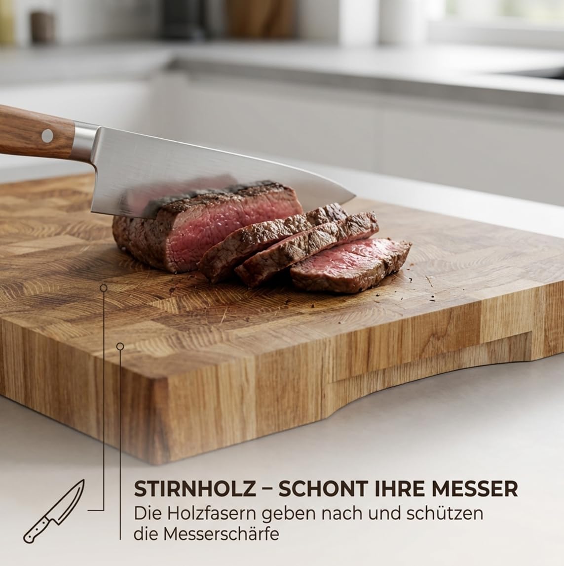 Eichen Schneidebrett 40x30x4 cm – Massives Stirnholz Schneidebrett aus Eiche mit Griffmulde – Extra Dickes Holz Schneidebrett für Fleisch, Gemüse & Brot – Profi Küchenbrett