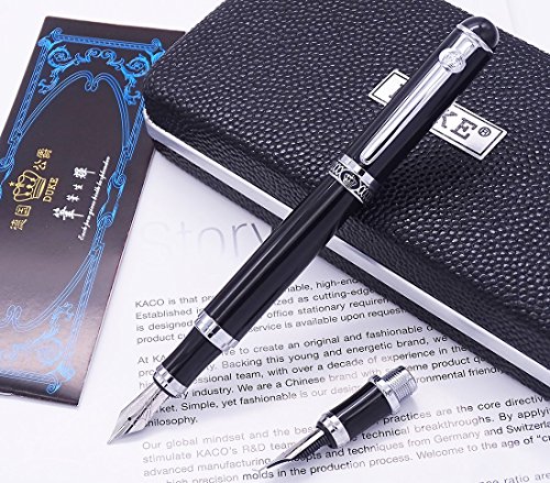Duke Black Fountain Pen Double-Nibs Iridium Medium and Fude Calligraphy Nib Interchangeable Writing Gift Box Set for Office/Business/Art/Painting