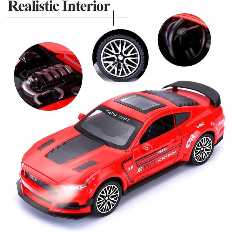 Image of PINQUE Kids New Car 1:32 Mastang Diecast Alloy Metal Pull Back Car with Openable Doors Music Sound and Light Vehicle Toy Car for Boys (Red)