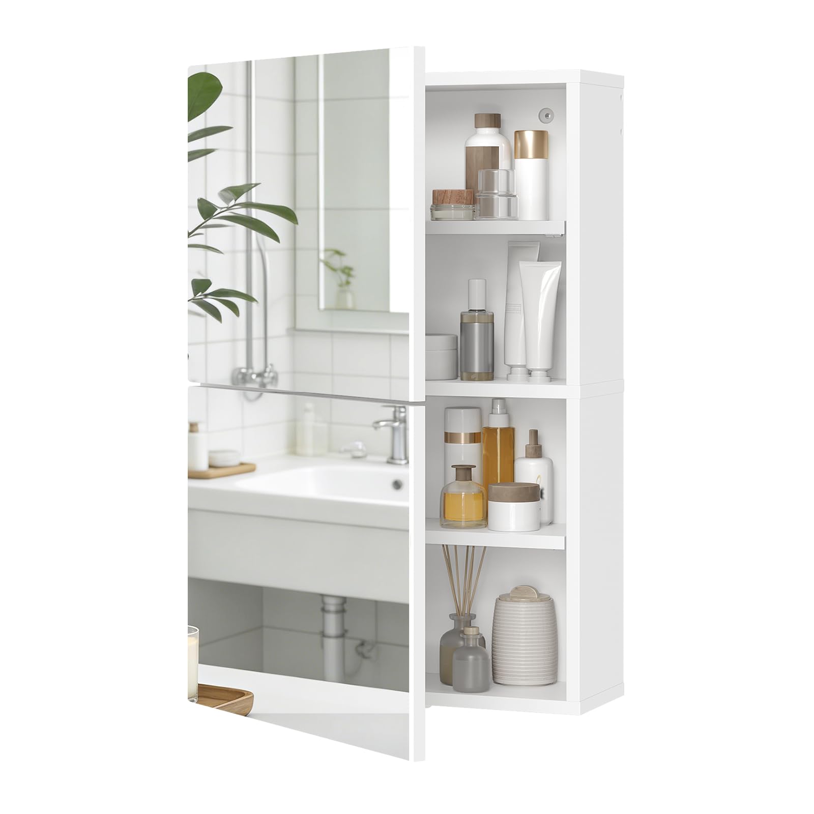 MAHANCRIS Armadietto Bagno Pensile con Doppio Specchio | Mobile Contenitore da Parete con 2 Ripiani Regolabili, per Ingresso, Soggiorno e Camera da Letto, Bianco AWCWT4101