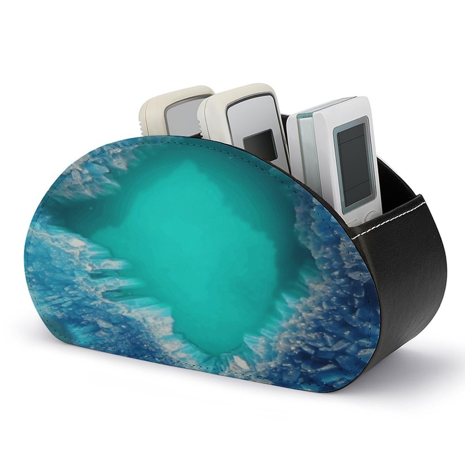 FekiLoot Leather Remote Control Holder with 5 Compartments Bright Aqua Blue Turquoise Remote Caddy Desktop Organizer Store TV Remote Holder Remote Organizer for Bedside Table Office Desk