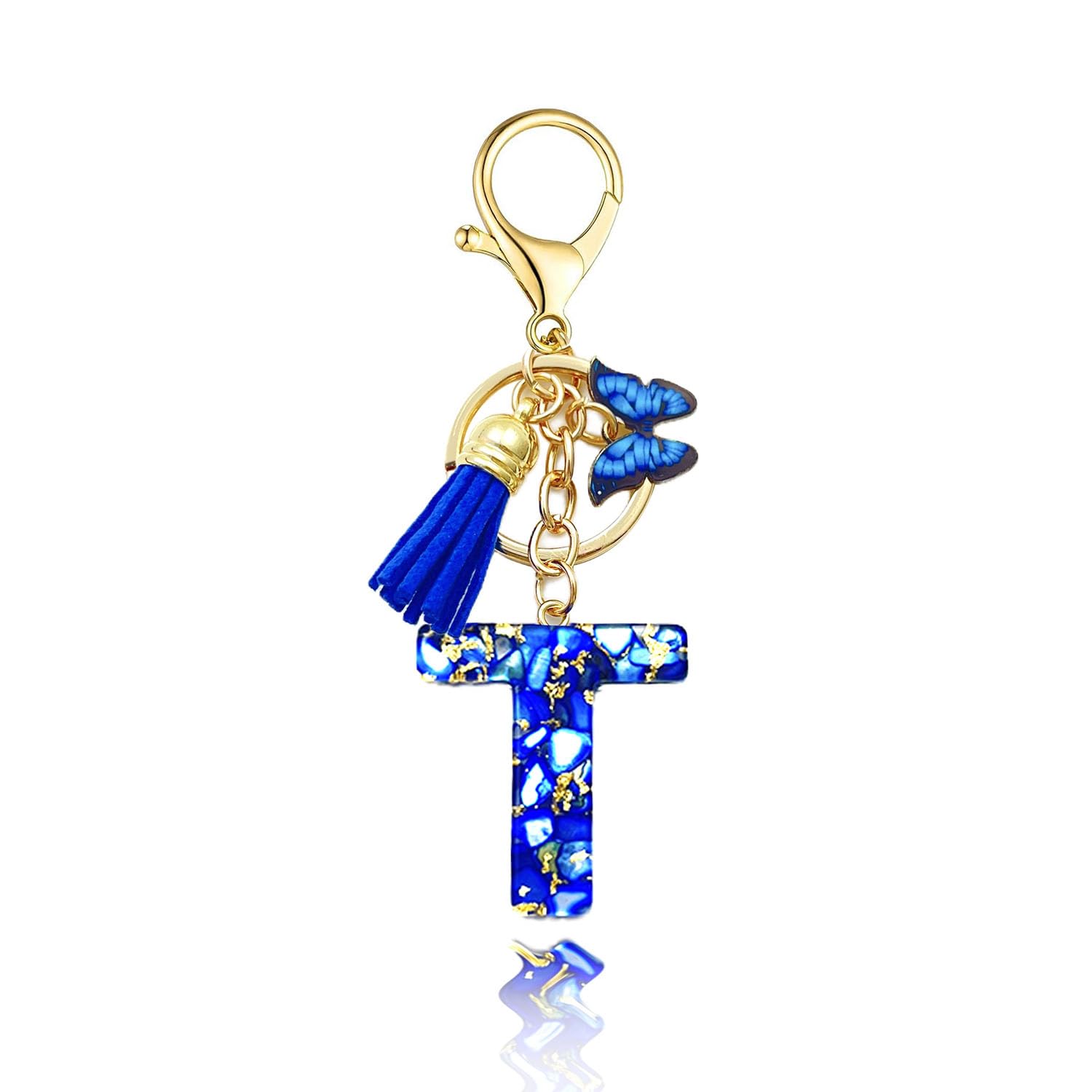 Baofuwan Keychain girl women letter key chain with initial letters butterfly handle pink blue golden for purse handbags school bag