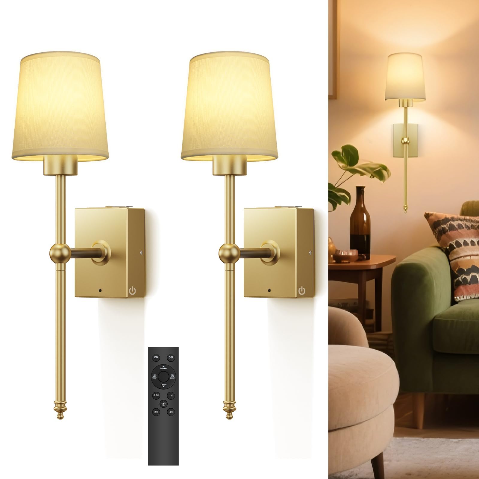 Toowell Battery Operated Wall Lights Rechargeable Wall Lights Indoor Wireless Wall Sconces No Wire for Living Room Hallway Bedroom,2Pcs Gold — image 1