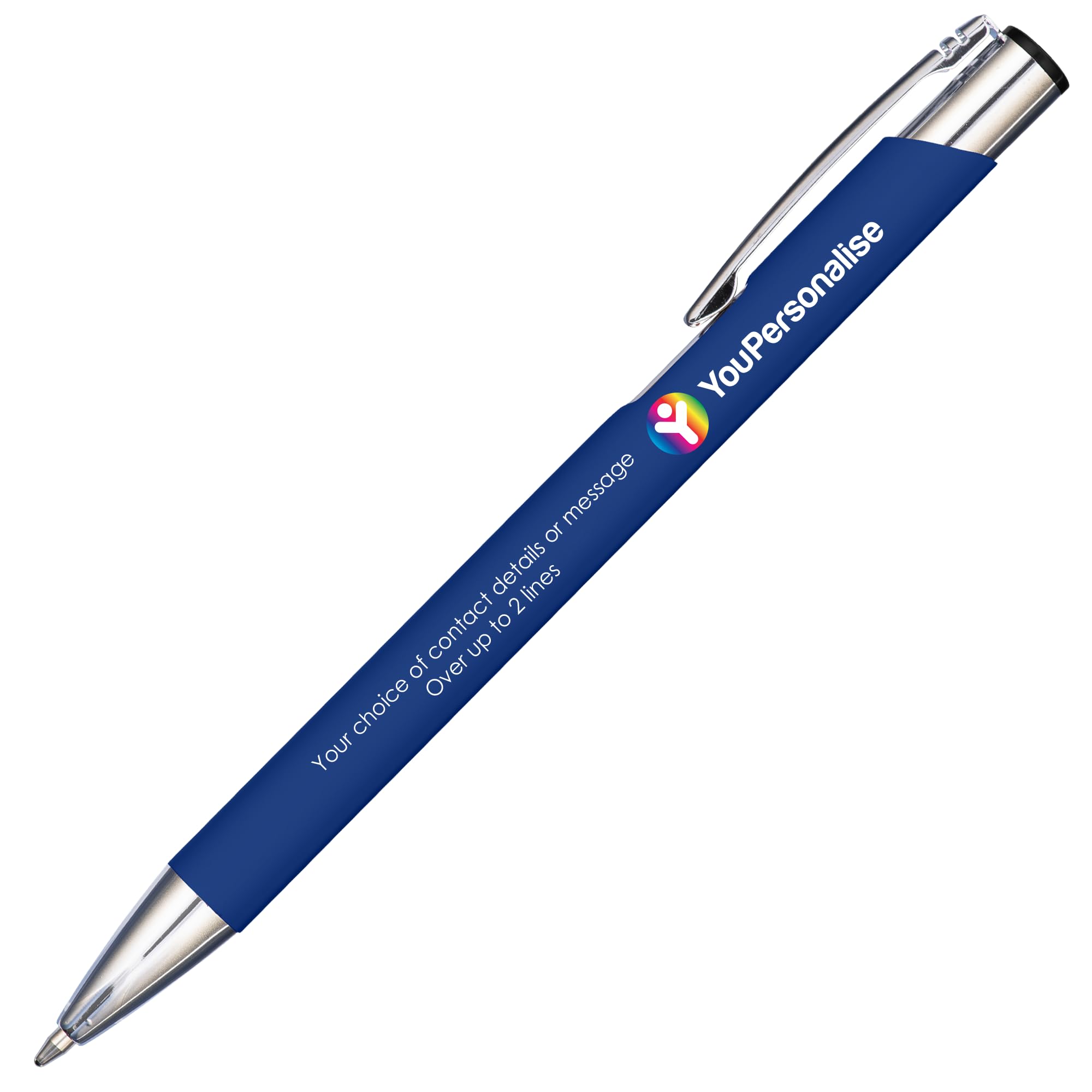 20 Premium Business Logo and Text Personalised Promotional Full Colour Print Soft Touch Mood Pens in Blue