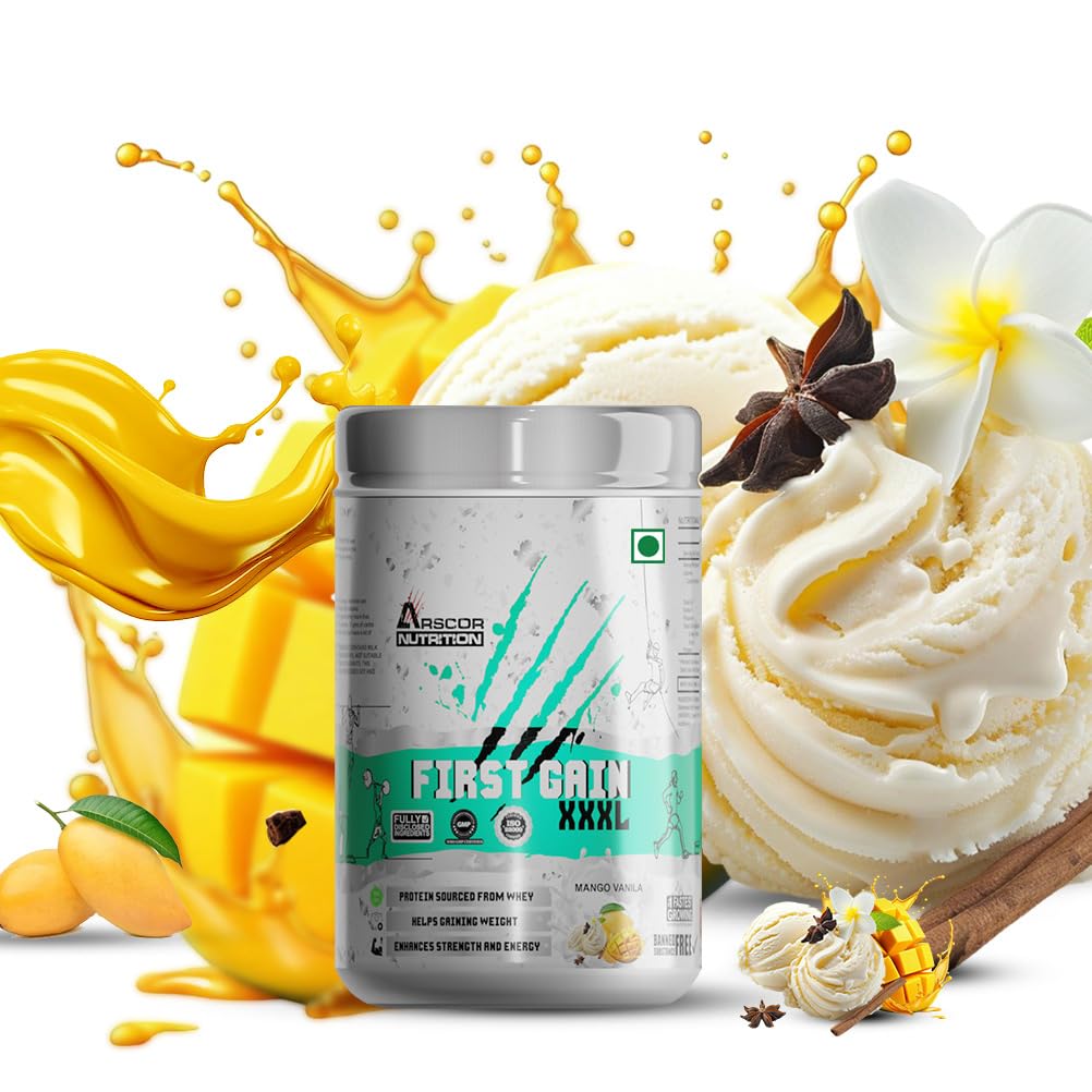Arscor's First Gain Mass Gainer Powder | High-Calorie Weight Gainer with Whey Protein & Complex Carbs | Muscle Mass & Strength Builder | No Added Sugar (1kg, Mango Vanilla)-image-35