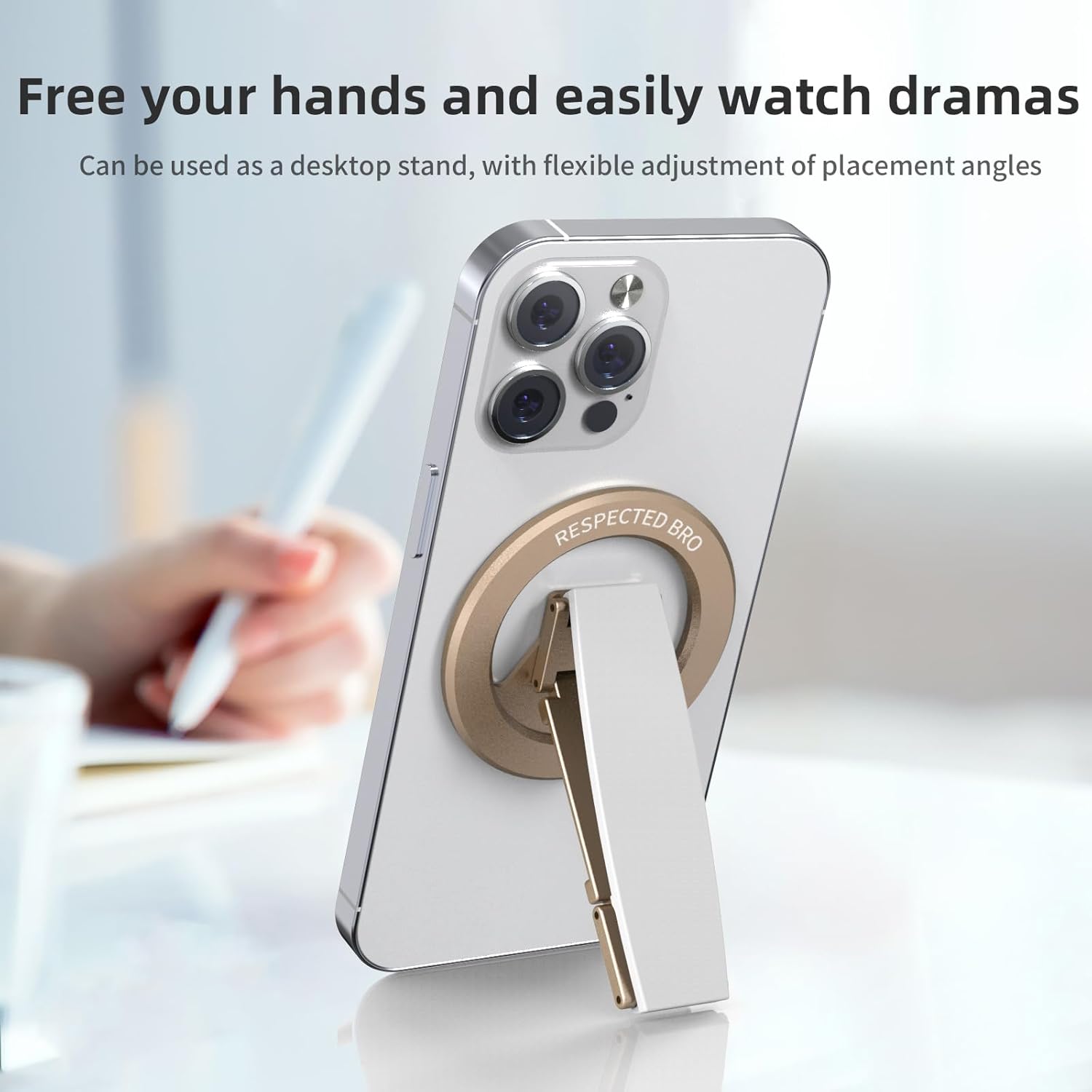 RESPECTED-BRO-Magnetic-Phone-Grip-Stand, Magnetic Phone Ring Holder Kickstand with Silicone Finger Strap, Compatibility for iPhone 17/16/15/14/13/12, Android, and More (White)