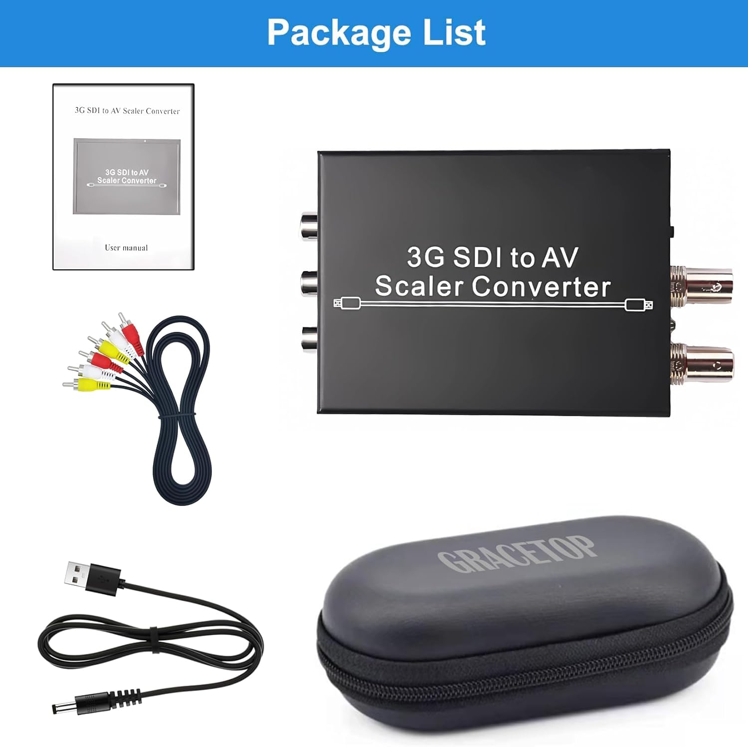 GRACETOP SDI to AV Converter with SDI Loop Out, 1080p HD-SDI / 3G-SDI/SD-SDI to AV/RCA/CVBS/L/R Video Audio Converter, BNC to RCA Adapter for SDI Camera TV
