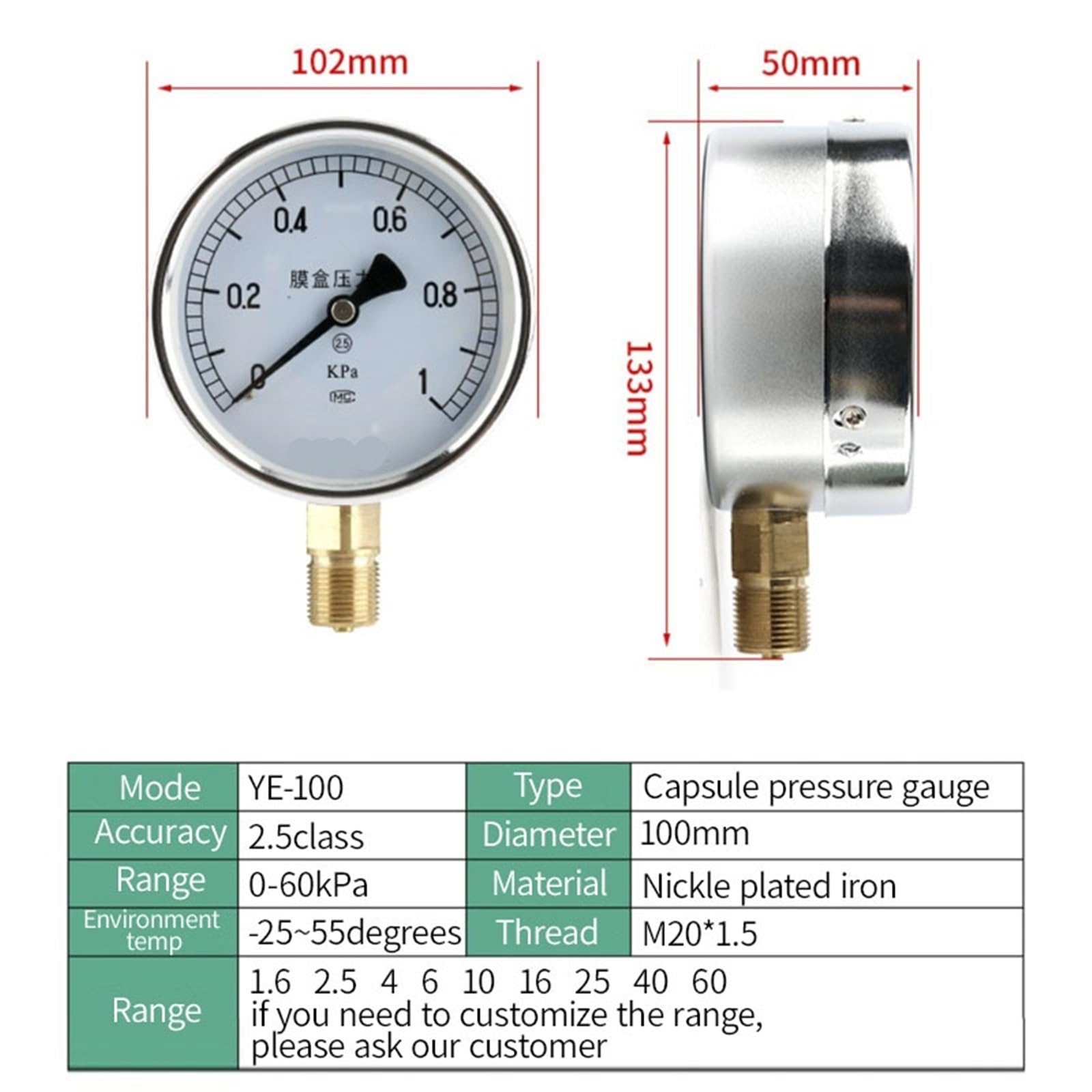 Manómetro de presión de vacío manómetro de agua Manómetro de presión de diafragma de aire de 0-30 KPA Manómetro de presión de caja de película de bronce fosforoso Medidor de presión positiva(0 1kpa)