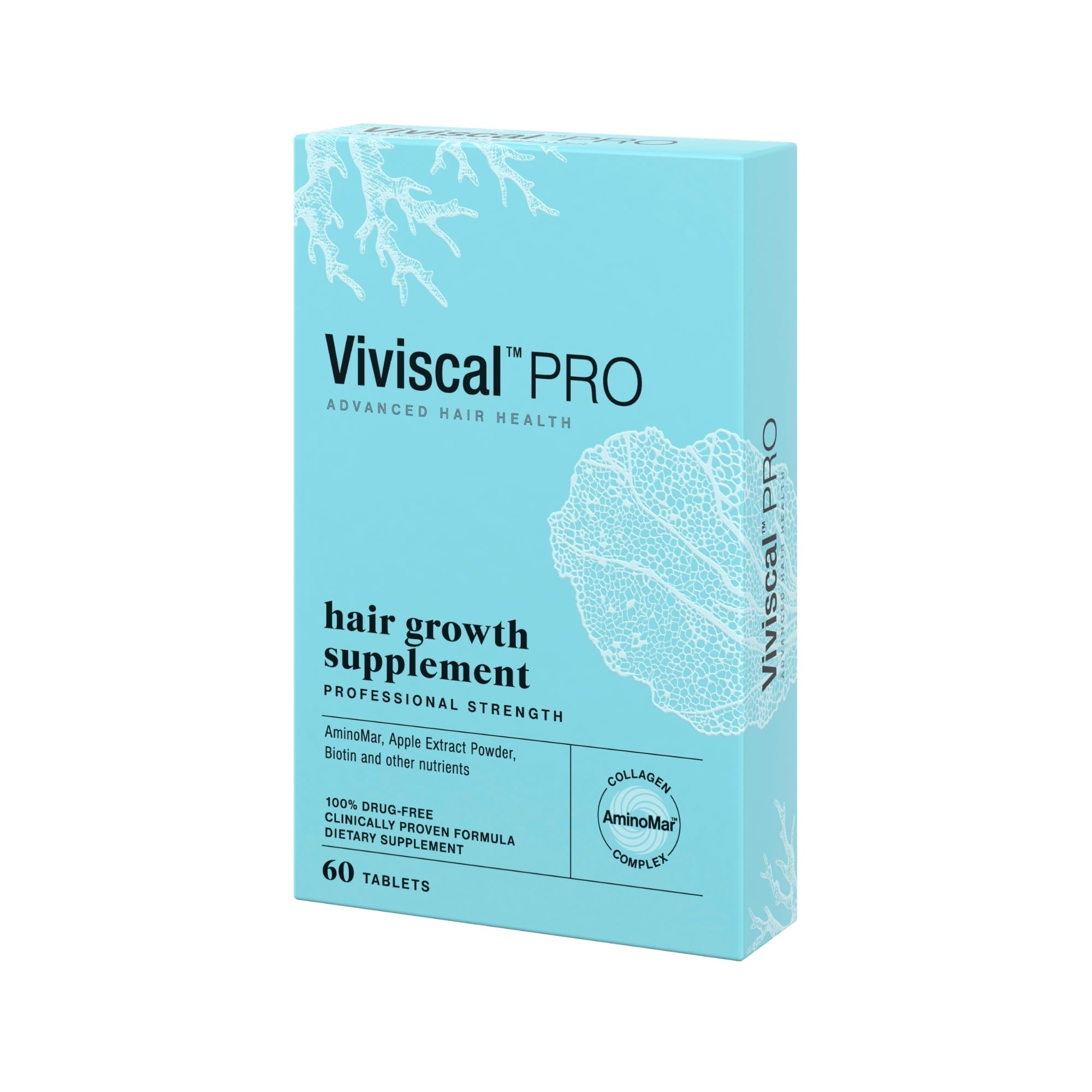 PRO Hair Growth Supplement for Men & Women Supports Thinning Hair, Promotes Thickness & Fullness with Marine Complex, Iron, Zinc & Vitamin C, 60 Tablets (Packaging May Vary)