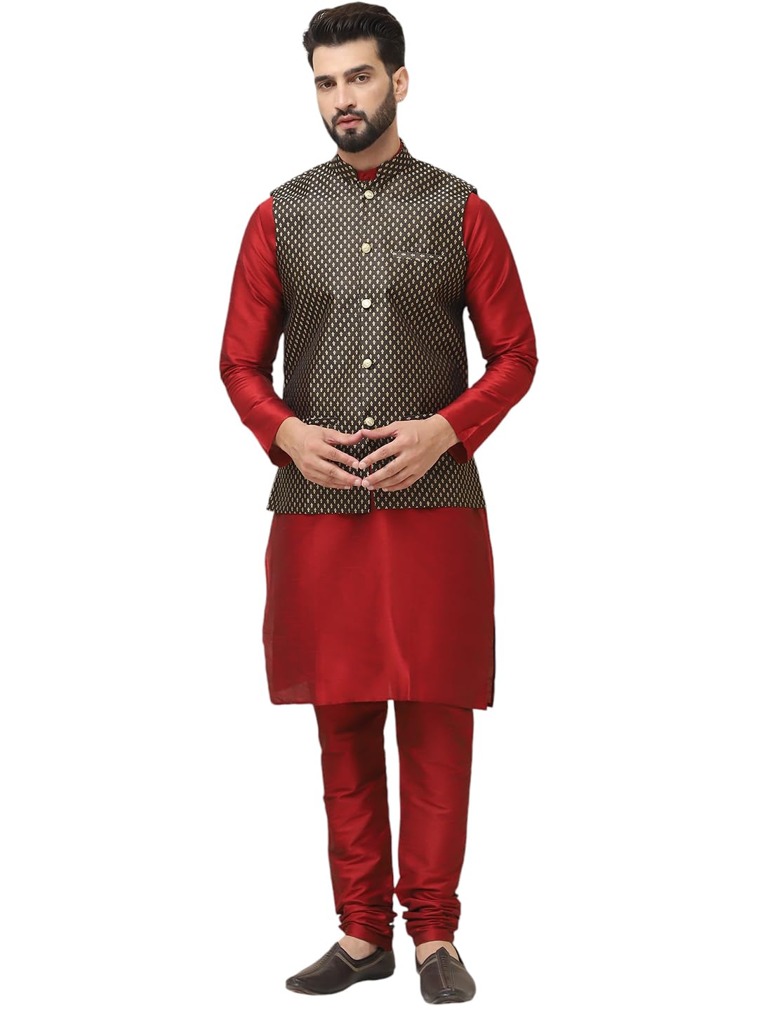 sojanya (Since 1958 Men's Silk Blend Kurta Pyjama With Self Design Nehru Jacket-picture-10
