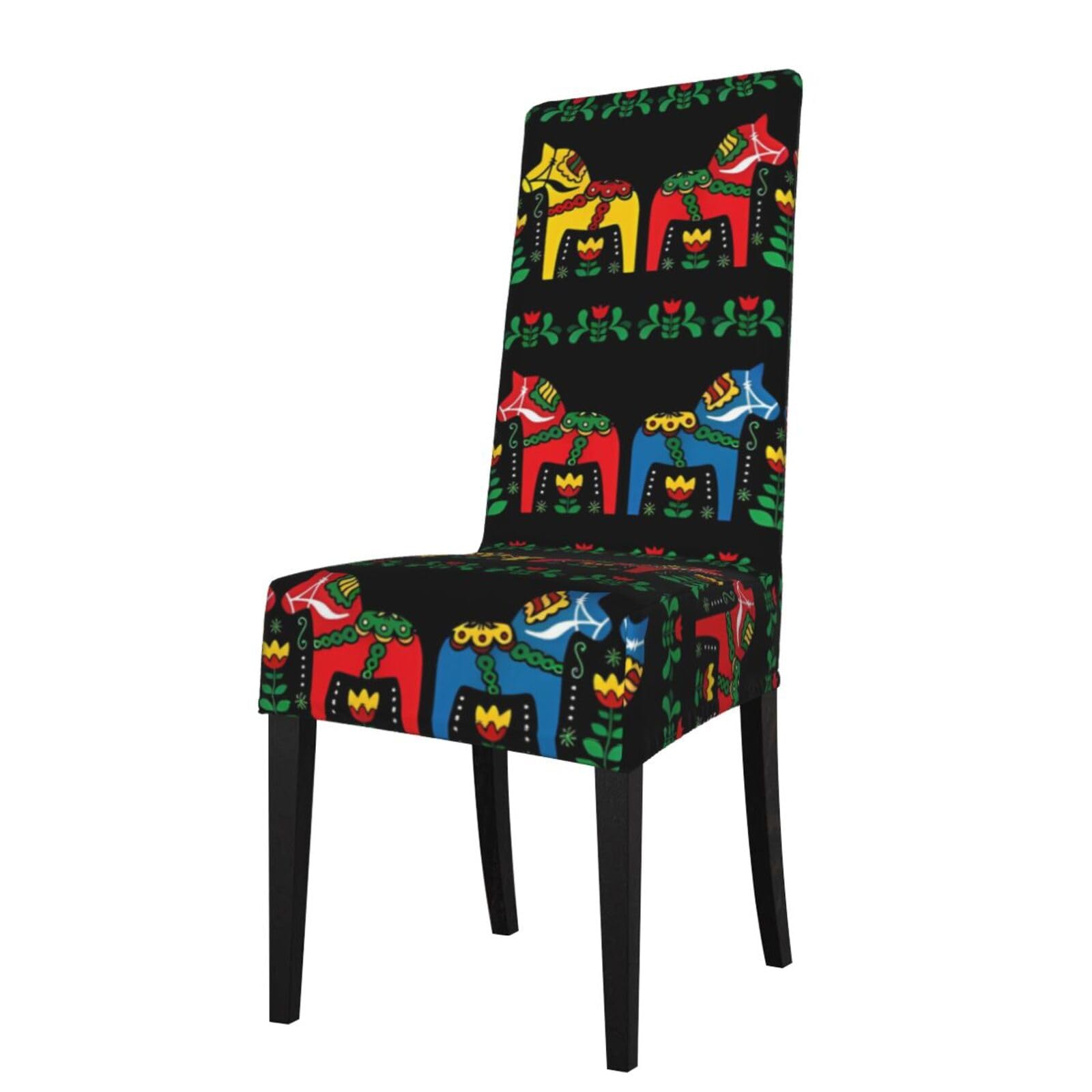 Yyhwhjde Black Runner Swedish Dala Horse Folk Prints Dining Chair Throw Covers - Stretchable Spandex Slipcovers For Chair Protection & Refreshing Your Dining Room