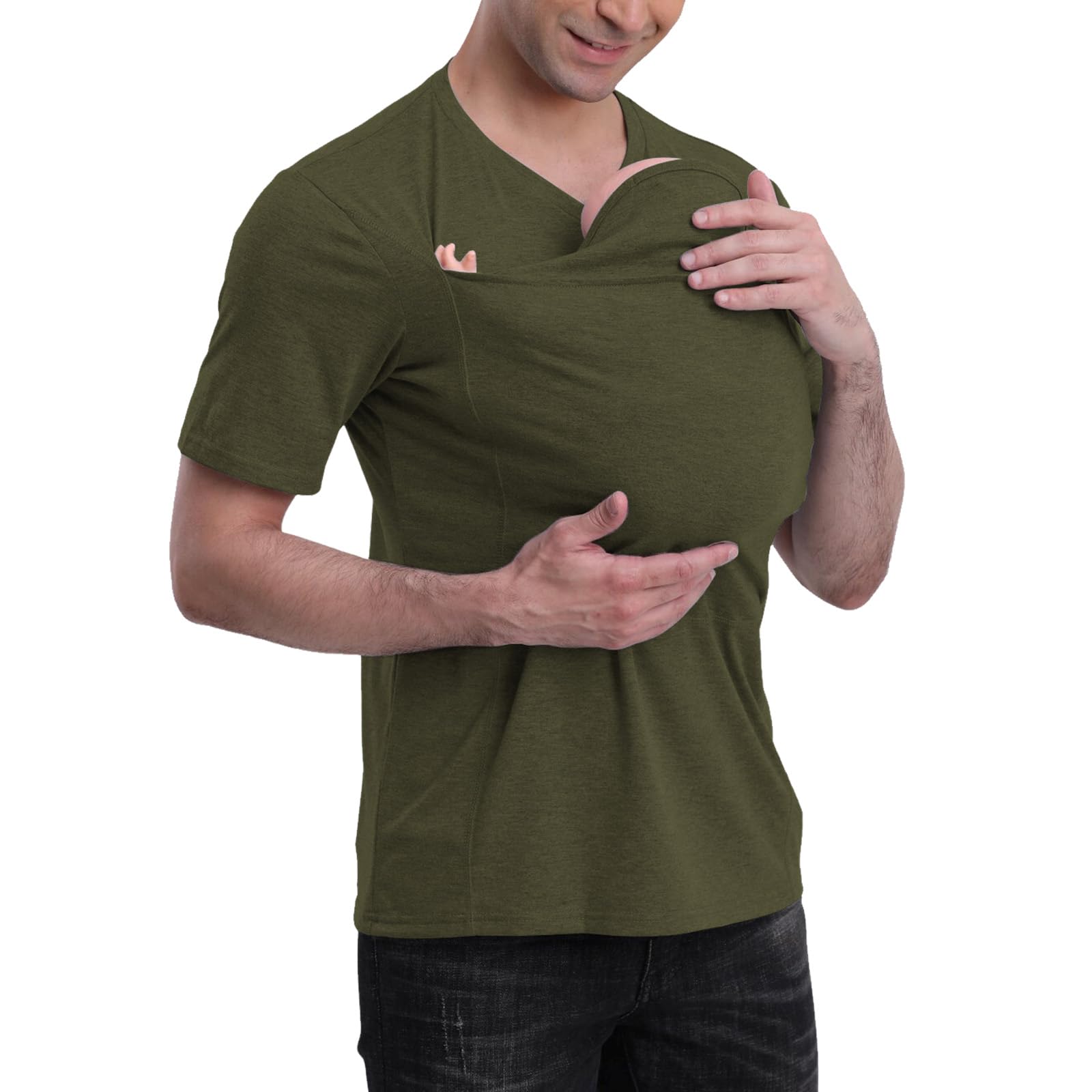 Kangaroo Shirt for Dad and Baby With Pouch - V Neck T-Shirt Baby Carrier