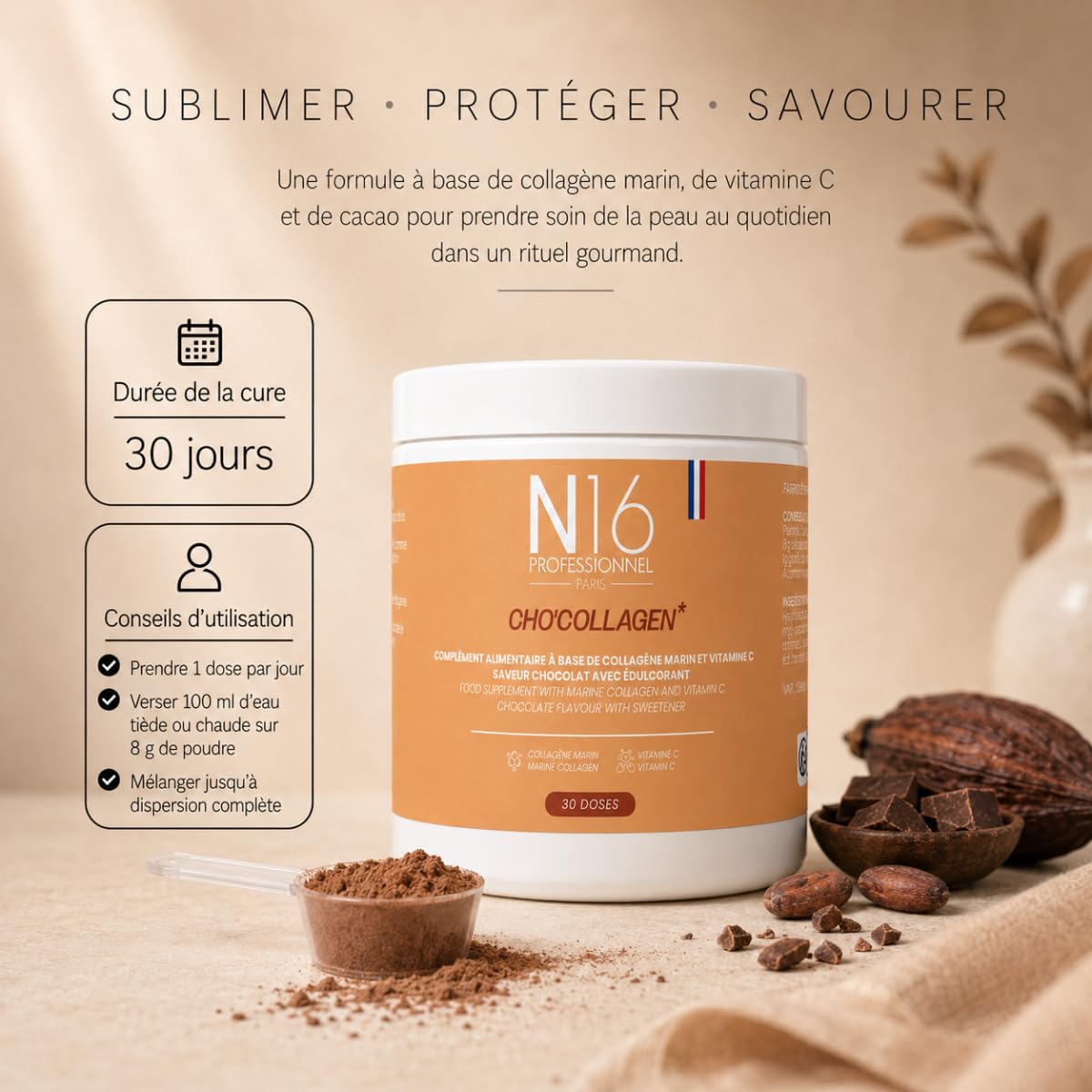 Cho’Collagen – Collagène Marin 5000 mg & Vitamine C – Poudre Chocolat – Complément Alimentaire Peau, Éclat & Collagène – 30 Doses – Fabriqué en France