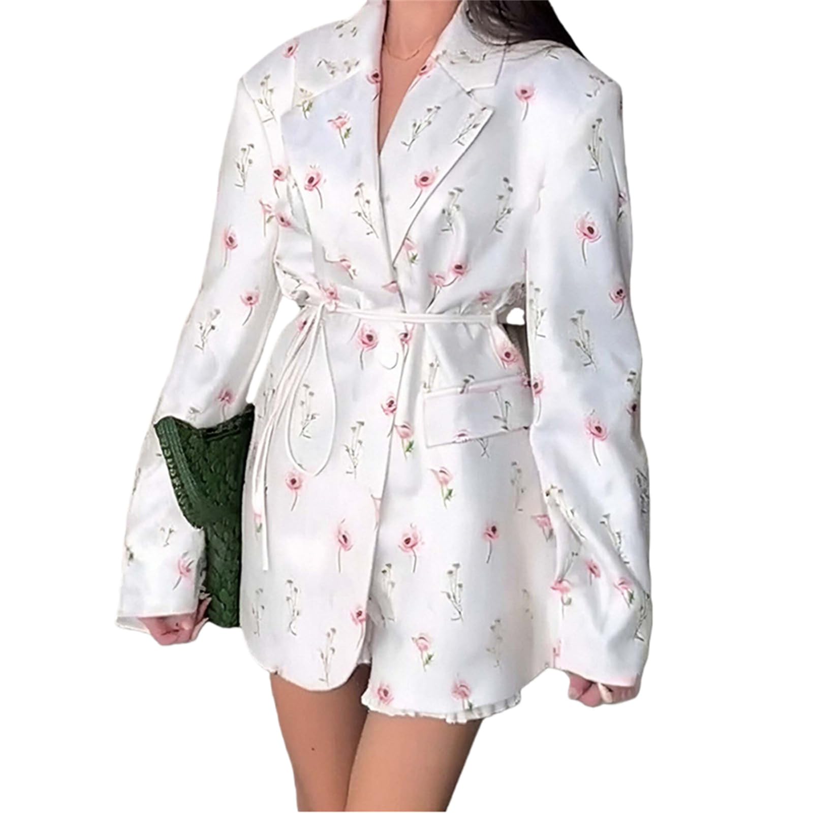 Womens Boho Floral Oversized Blazer Fall Dressy Long Sleeve Button Down Lapel Shoulder Pads Elegant Belted Coats