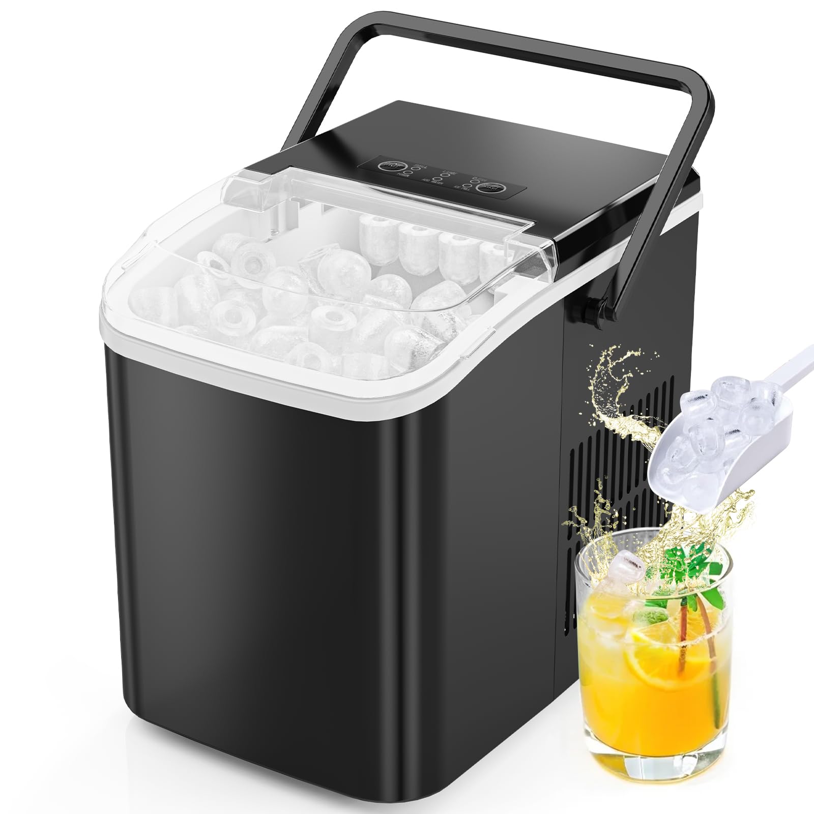 Sweetcrispy Countertop Ice Maker with Scoop, Basket and Handle, Portable Ice Machine 9 Ice Cubes Ready in 6 Mins, 26.5lbs in 24Hrs, 2 Sizes for Home Kitchen Office Bar Party