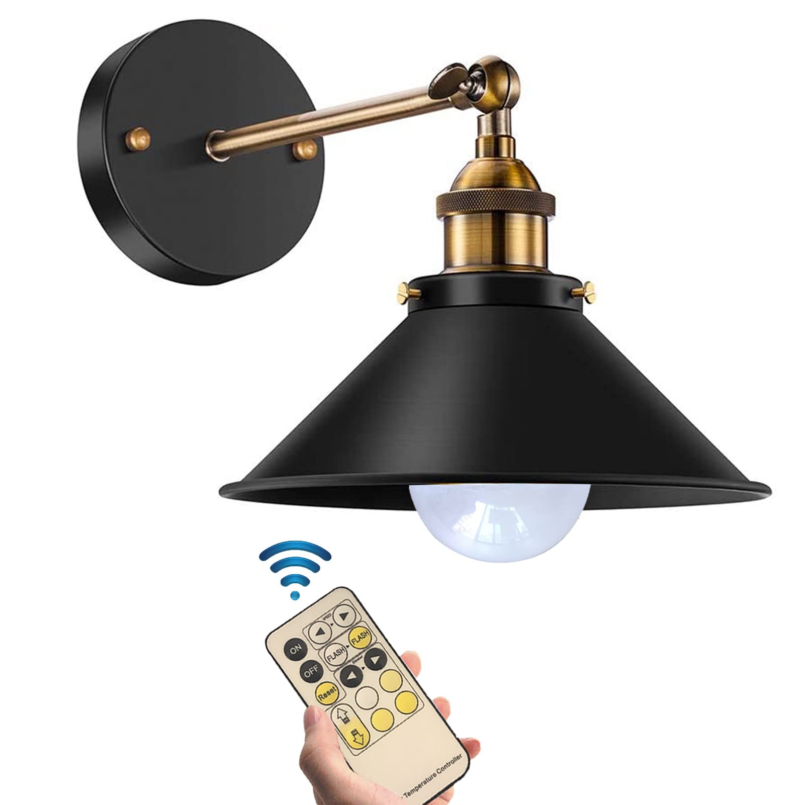 DCOC Wall Sconce Battery Operated Run Wall Mount Light With Remote Control Dimmable Light Bulb,No Wires Install Light For Farmhouse Lounge Indoor Loft-not Hardwired Easy To Install