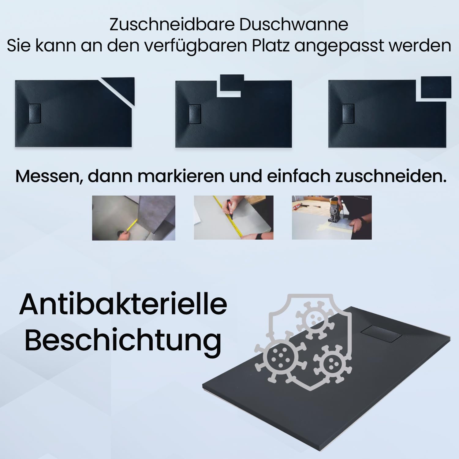 BADLAND Komplettes Set - Duschkabine HELA Schwarz/Chrom + Duschwanne VIDAR 80-90x80-90 193cm - Quadratisch Duschabtrennung Transparent Nano Glas 6 mm, Duschtasse Schwarz/Weiß Steinoptik SMC mit Ablauf