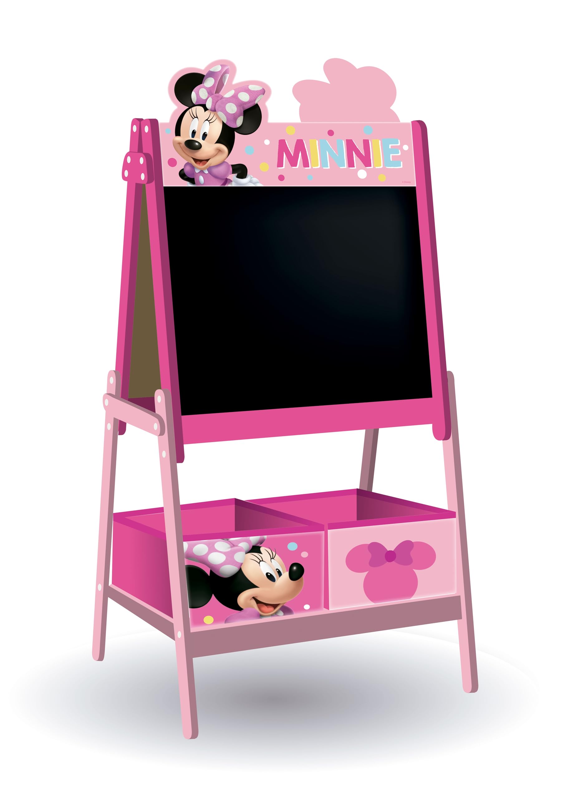 ARDITEX - Pizarra infantil de Disney Minnie Mouse con doble superficie para uso de tiza y rotulador y 2 contenedores textiles para almacenaje - 54x45x117cm - Contenedores de 24x30x15cm - Color rosa