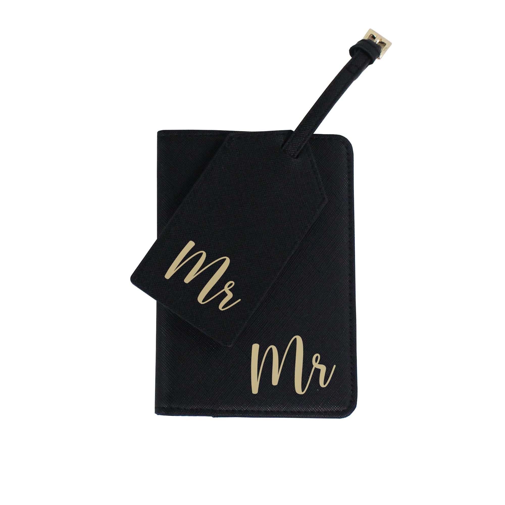 eBuyGB Mr Passport Holder and Luggage Tag Set, Engagement Travel Gift, Honeymoon Destination Wedding, PU Leather Wedding Suitcase Tag, Newlyweds Gift, Wedding Present (Black)