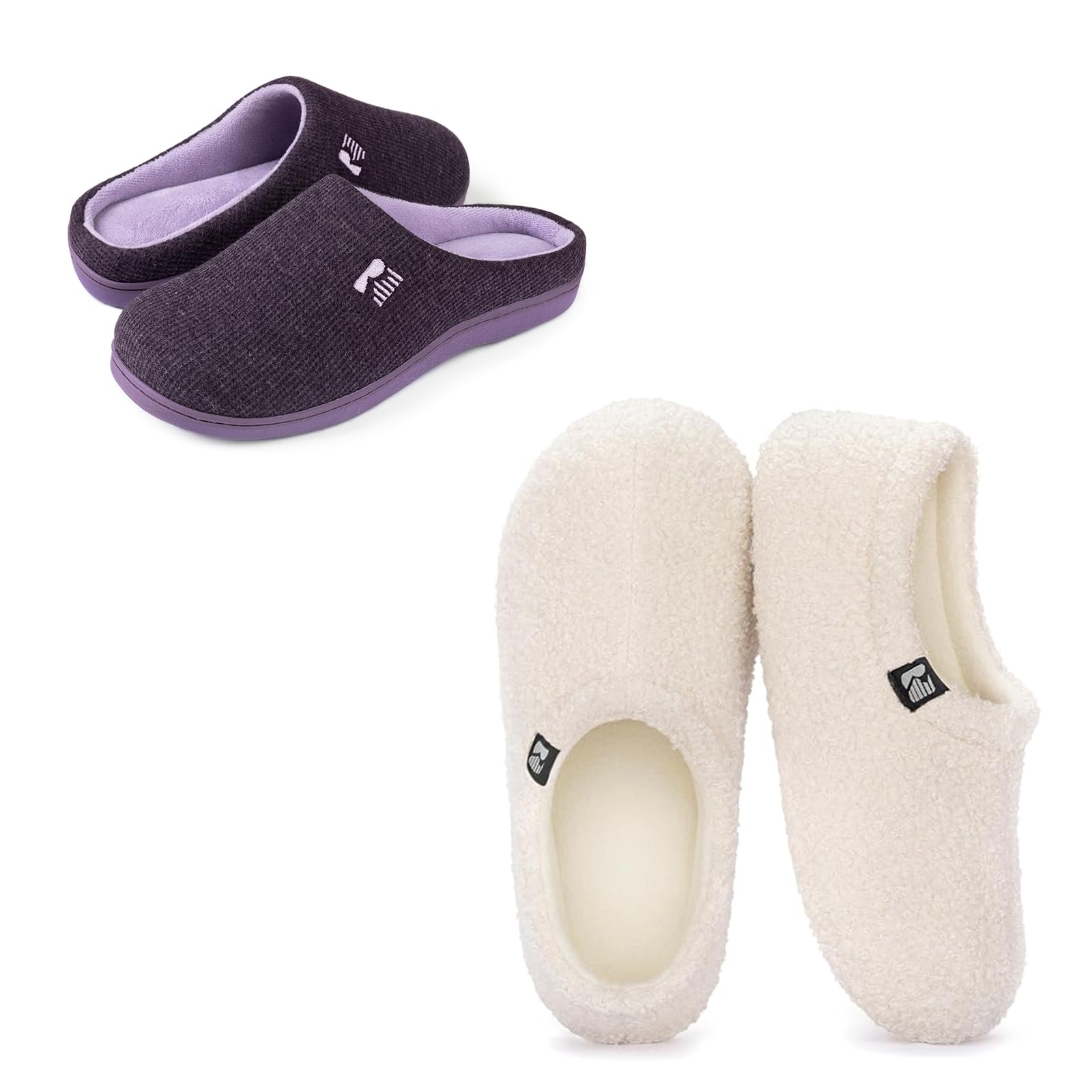 RockDove Set mit 2 Paaren - Damengröße 38-39, Damen Original Zweifarbige Hausschuhe (Aubergine) Damen Teddy-Fleece-Hausschuhe (Off Weiß)