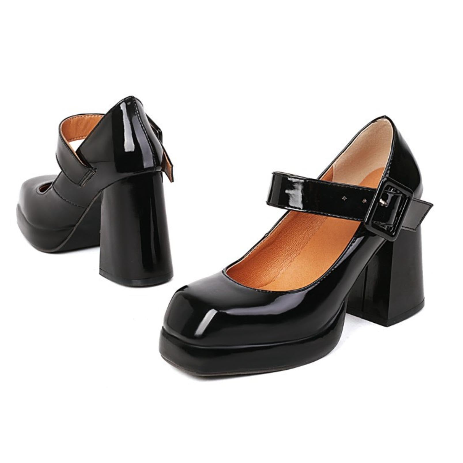 Générique Chaussures Femme Mary Jane Talon Épais Haut Plateforme Cuir Verni Bout Carré Boucle Réglable Bride Cheville Style Rétro Élégantes