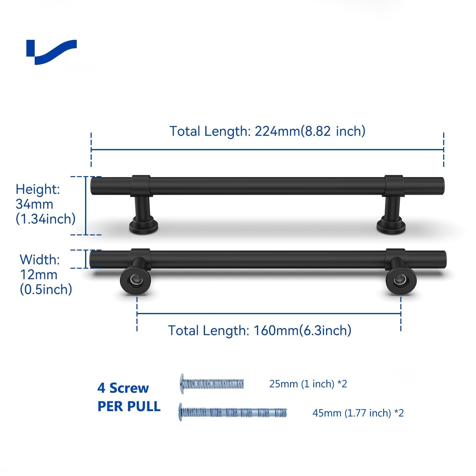 LONTON - Maniglie per mobili da cucina, 15 pezzi, colore nero, 160 mm, distanza tra i fori