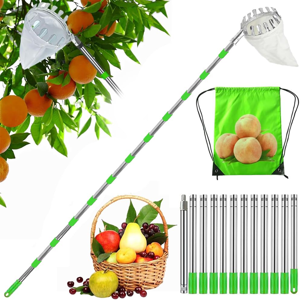 HEYIDAMAI Récolteur de fruits, récolteur de pommes, aide à la récolte 453 cm, pince à fruits facile à monter, récolteur de cerises avec rallonge légère en acier inoxydable, tige de connexion et sac en