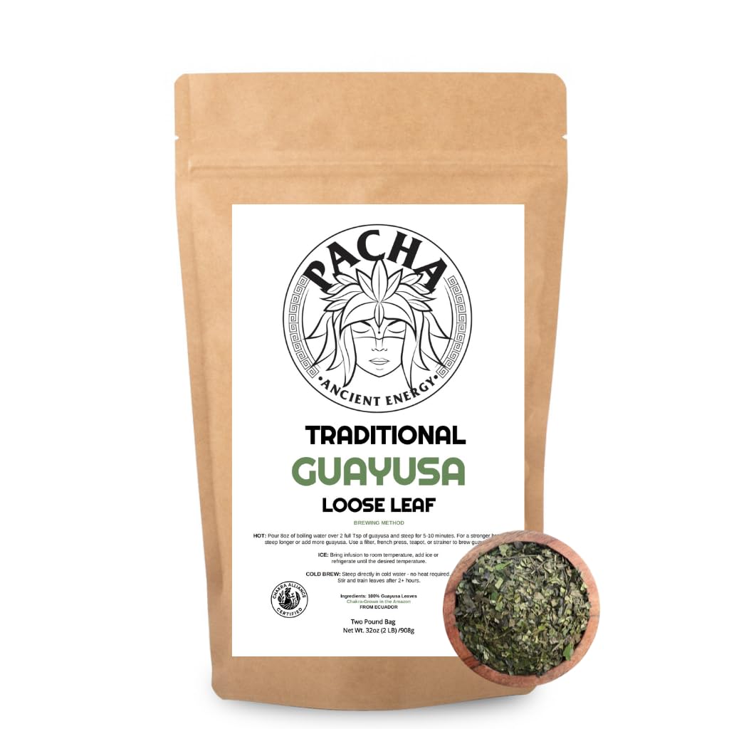 Pacha Ancient Energy Guayusa Tea - 32oz (2LB) | Organic Loose Leaf Tea | Traditional Guayusa Loose Leaf | 66mg Caffeine + Antioxidants & L-Theanine | Yerba Mate & Coffee Alternative