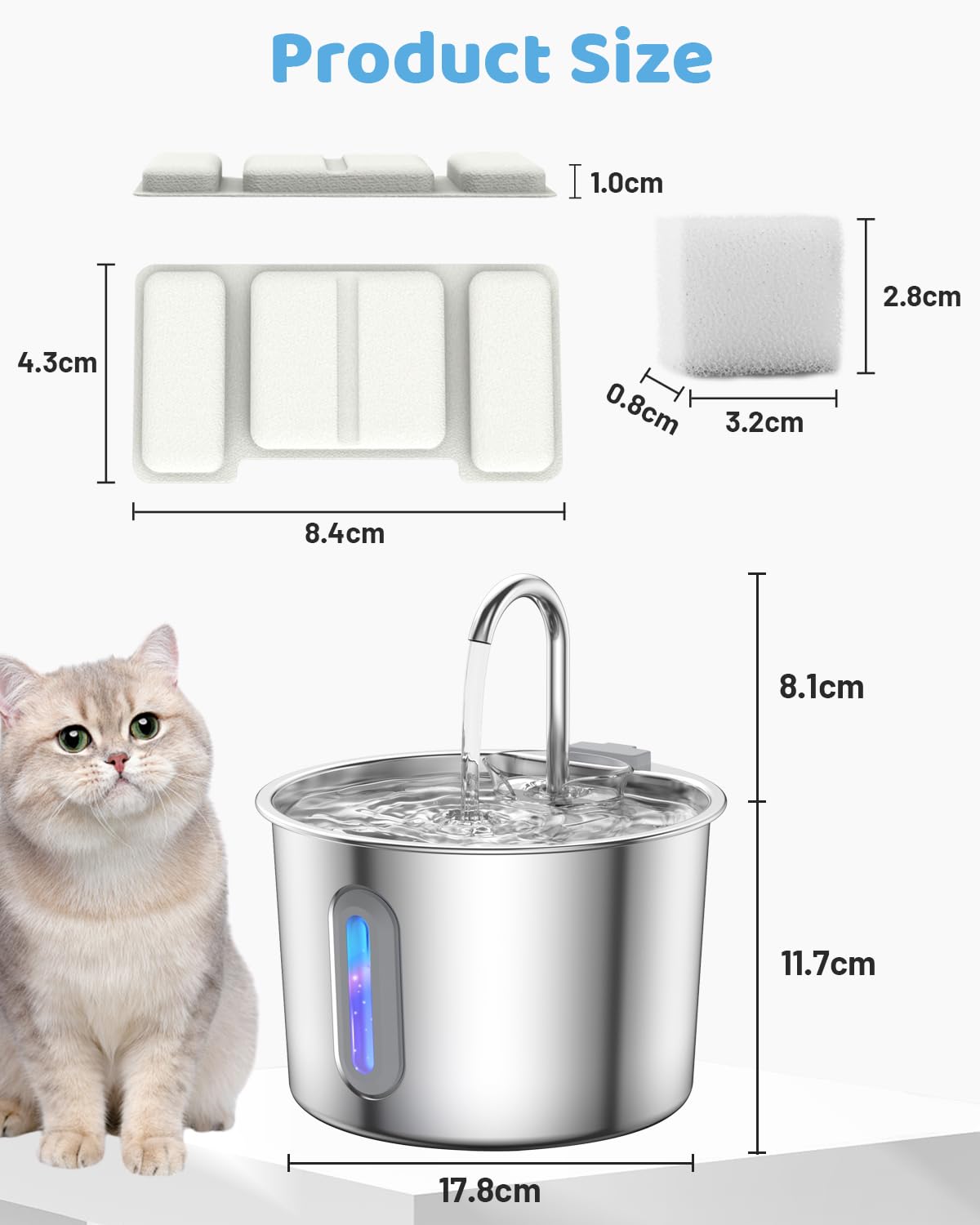 Fuente para Gatos Acero INOX: 2.2L Bebedero Gato con Ventana de Nivel de Agua, Bebedero Perros Acero Inoxidable, Dispensador Agua Perro Silencioso (Fuente Gatos-2.2L+6 Filtros+3 Esponjas)