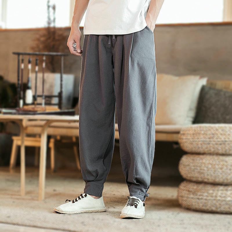 Men's Spring Summer Cotton Linen Loose Tapered Layman Zen Long Pants3