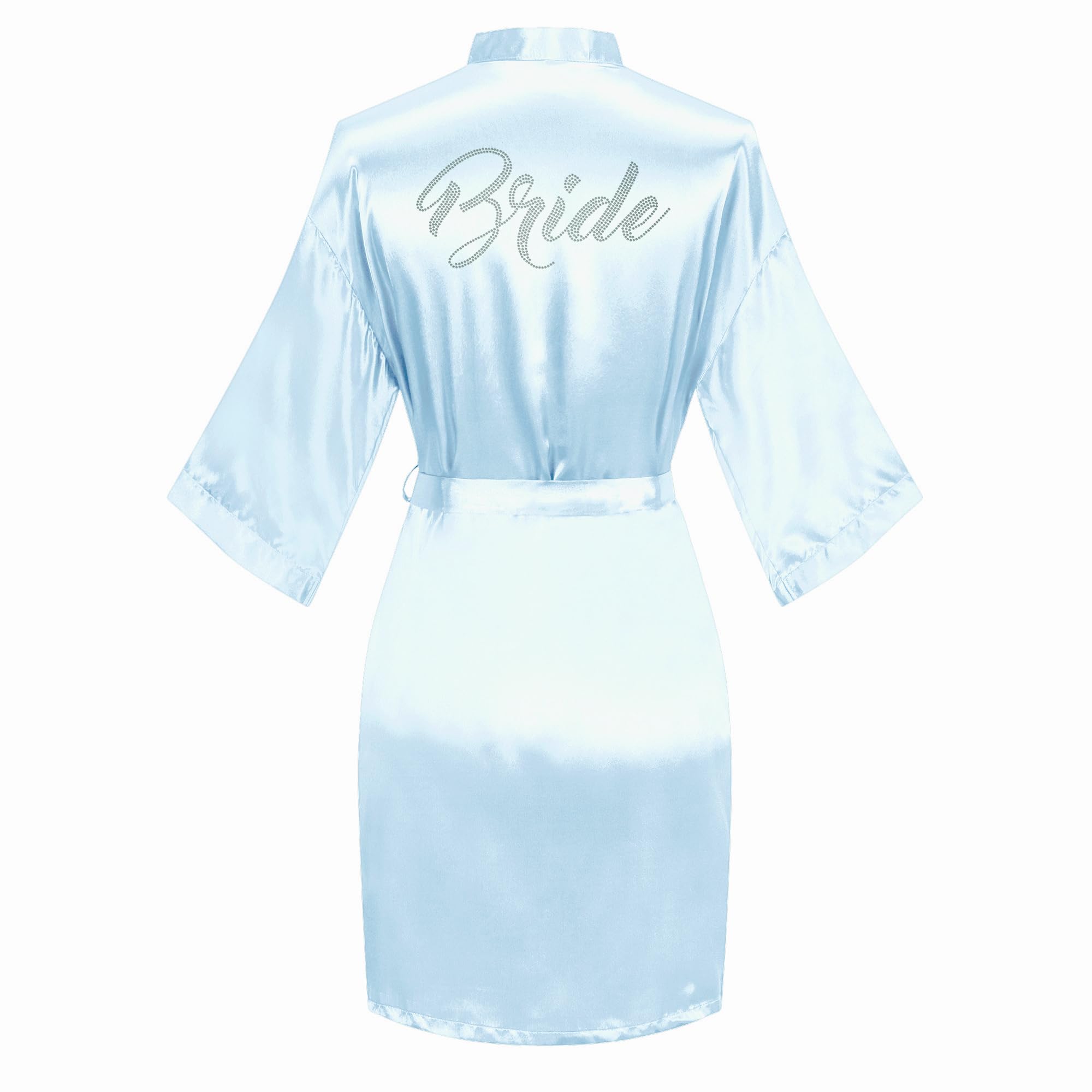 Women's Satin Robe Short Kimono for Bride &amp; Bridesmaid with Silver Rhinestones, Wedding Party Robes