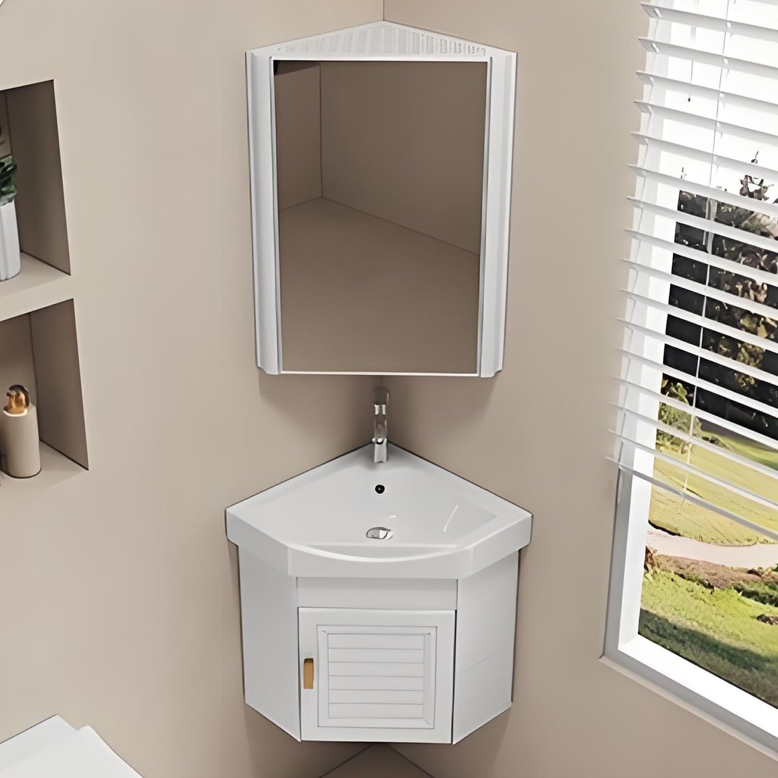 Fregadero esquinero compacto de cerámica blanca, montado en la pared, ahorra espacio, para baños pequeños y apartamentos, diseño de 48 cm para espacios limitados, accesorio de baño moderno
