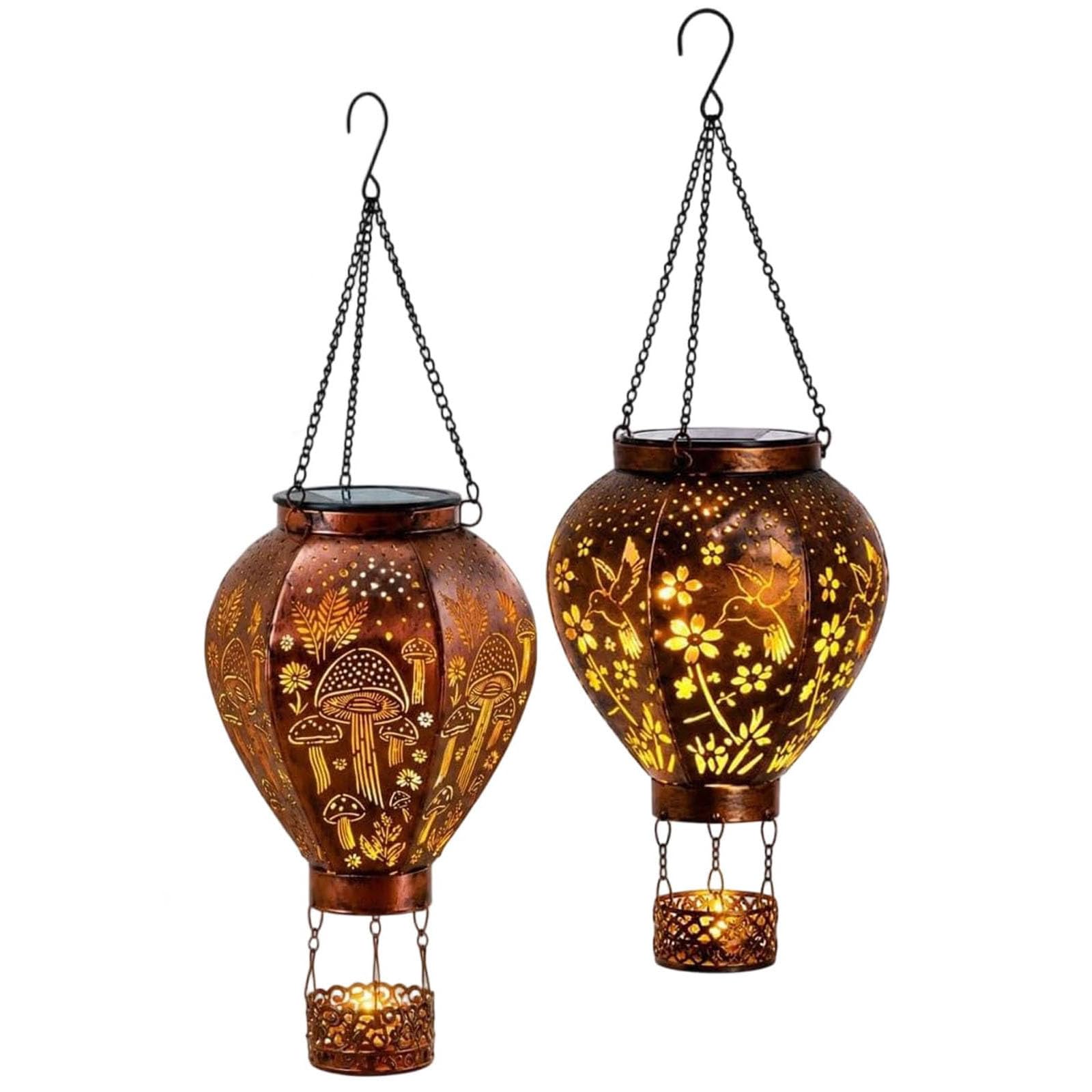 Solar Powered Hot Air Balloon Lantern, Hot Air Balloon Solar Garden Light, Solar & Auto-On/Off, Durable Wrought Iron, Vintage Hanging Solar Lights for Garden Patio Balcony Outdoor Decoration (2pcs)