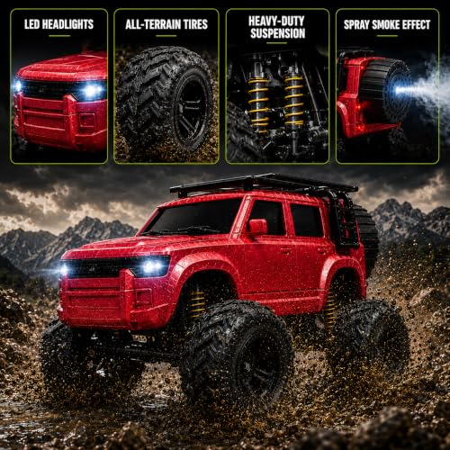 Image of Big Red Remote Control Car Toy | Defender | Smoke and LED Light | Monster Truck Remote Control 4x4 | Rechargeable Car | 2.4G Remote Control | High Speed | 100m Range | Birthday Gift for Kids