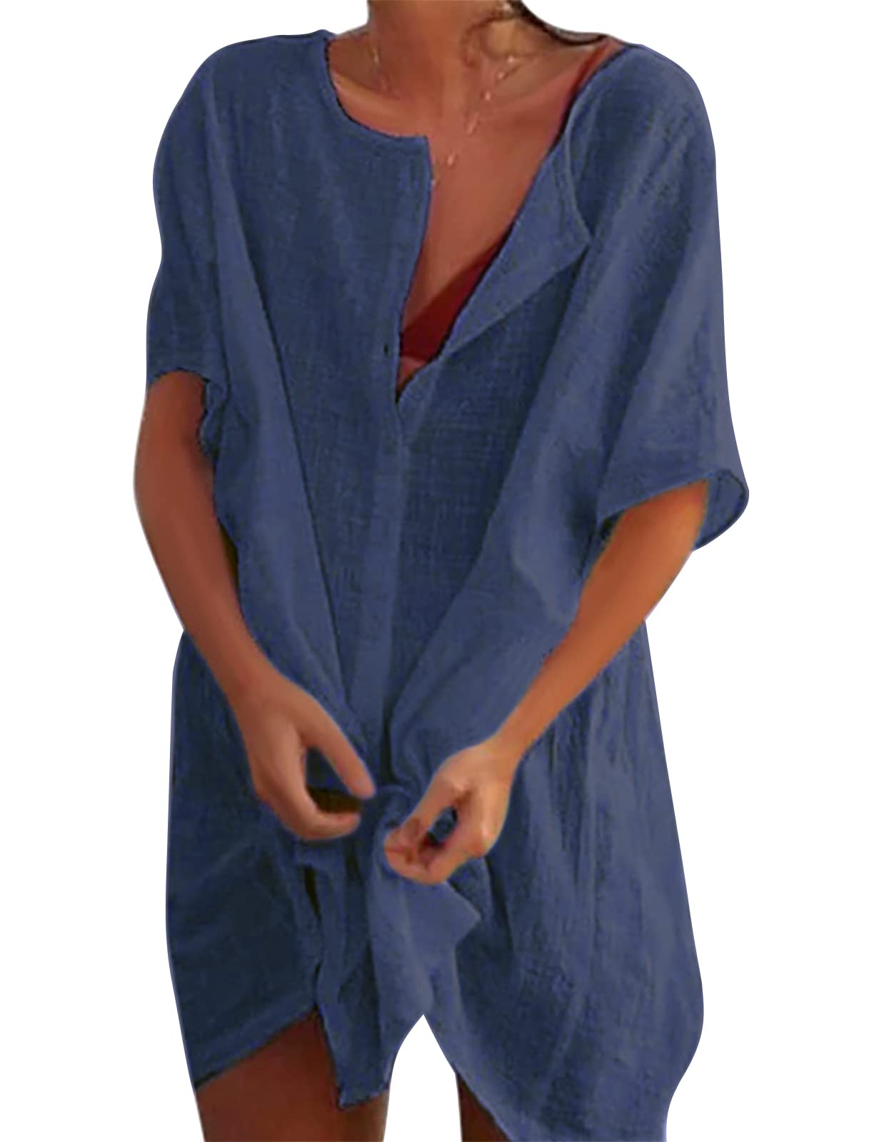 Svanco Mujer Vestido de Playa Transparentes Algodón Blusa de Bikini Cover up Suelto Verano Camisolas y Pareos Color Sólido Casual Ropa de Playa con Boton Trajes de Baño Pareos