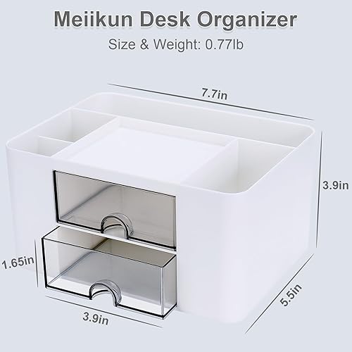 Miniatura 2 de Meiikun Organizador de bolígrafos de plástico, organizador de escritorio multifuncional con 2 cajones, 4 compartimentos y una bandeja superior,