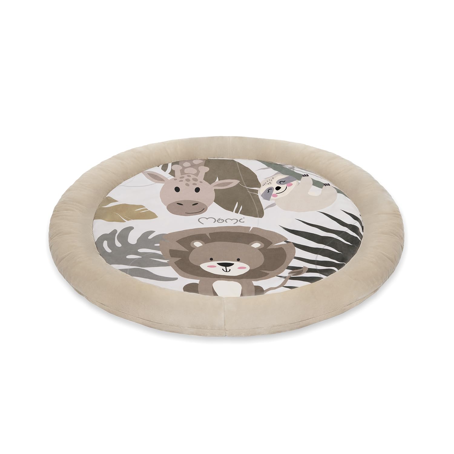 MoMi LUANI Arco de juego con alfombra para gatear, Ø 72 cm (interior), borde alto de 10 cm, 6 juguetes lavables: espejo, juguete con chirrido, jirafa de peluche con sonajero, dos mordedores