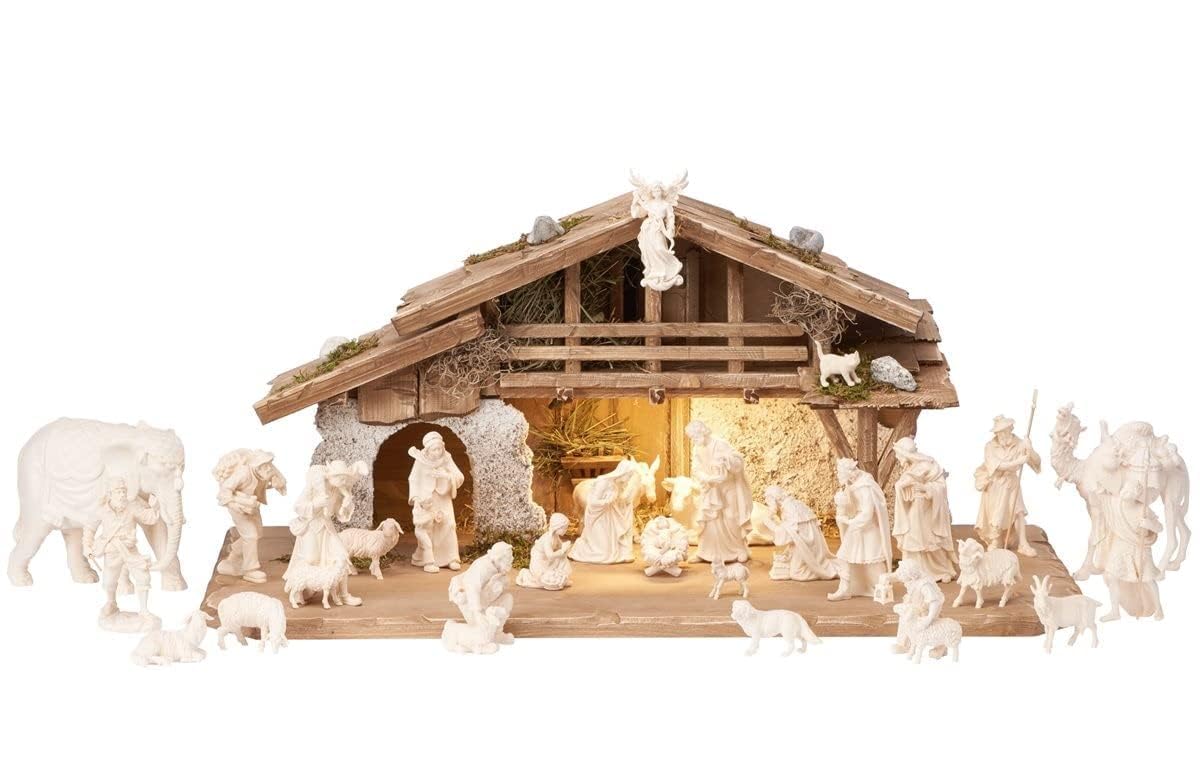 OVUNQUE PROTEGGIMI Set Presepe Completo in Legno con capanna e Luce Composto da 30 Pezzi, Rifinito a Mano in Val Gardena (Versione con statuine in Legno Naturale) (Altezza Giuseppe 9,5)