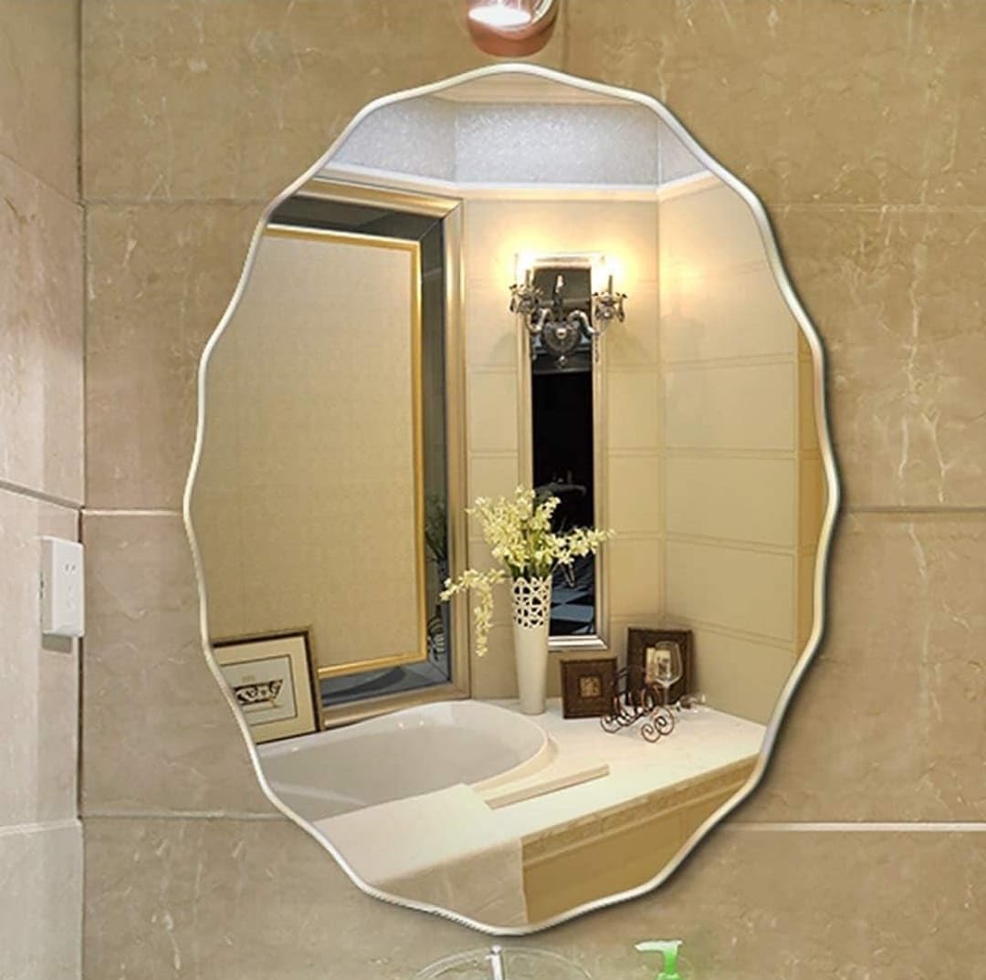 JOZIBA® Plain Glass Frameless Decorative Mirror for Bathroom Wall (18 X 24 Inch, Oval Zigzag Design)-picture-10