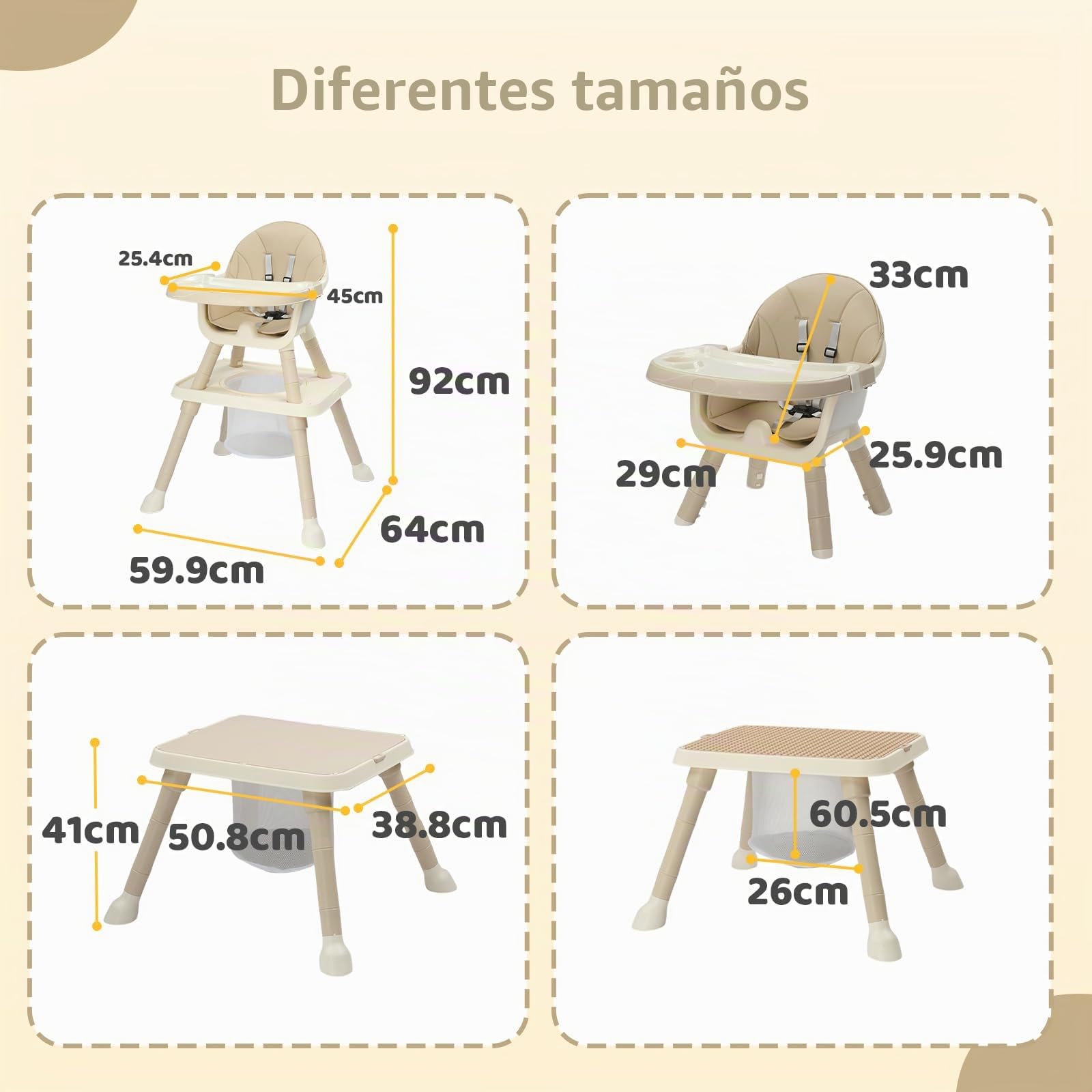 Bonnlo Silla Alta para Bebé con Función de Reclinación, Silla para Bebé a Partir de 6 Meses para Comer y Bañera, Premium con Marco Dorado, Incl. Bandeja Doble y Reposapiés, Hasta 15 kg (Beige, 6560)