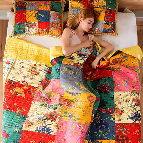 Quilt Set Queen Size Cotton Bedspread Coverlet Floral Plaid Patchwork Bedding Home Lightweight Floral Quilts Reversible Bedspread Cotton Quilt Collection Bedding Colorful Floral Quilt With Shams #TOP2